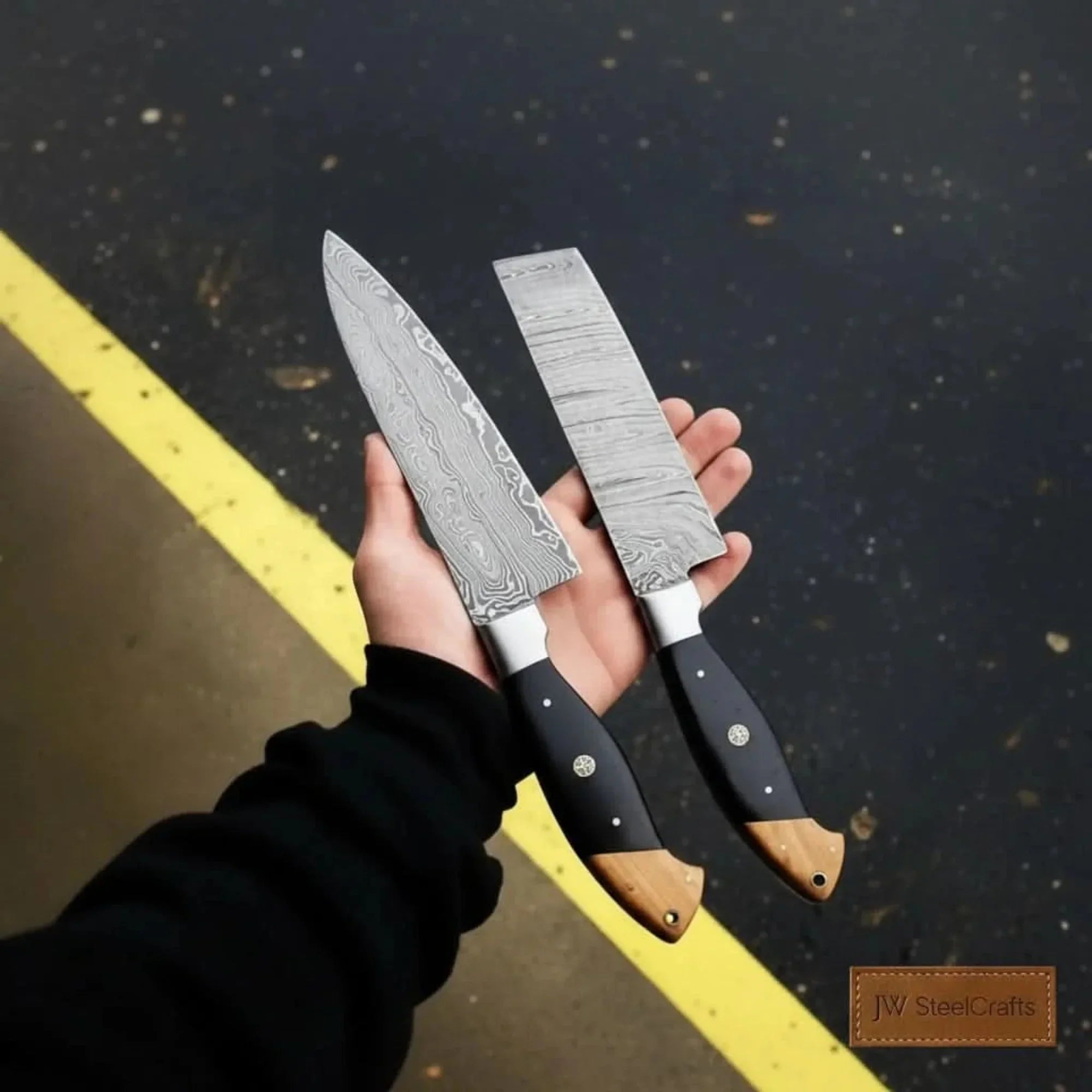Japanese Damascus Kitchen Knife Pair – Gyuto & Nakiri | 13” Chef Knife & 12” Cleaver, Olive Wood Handle, Full Tang by JW