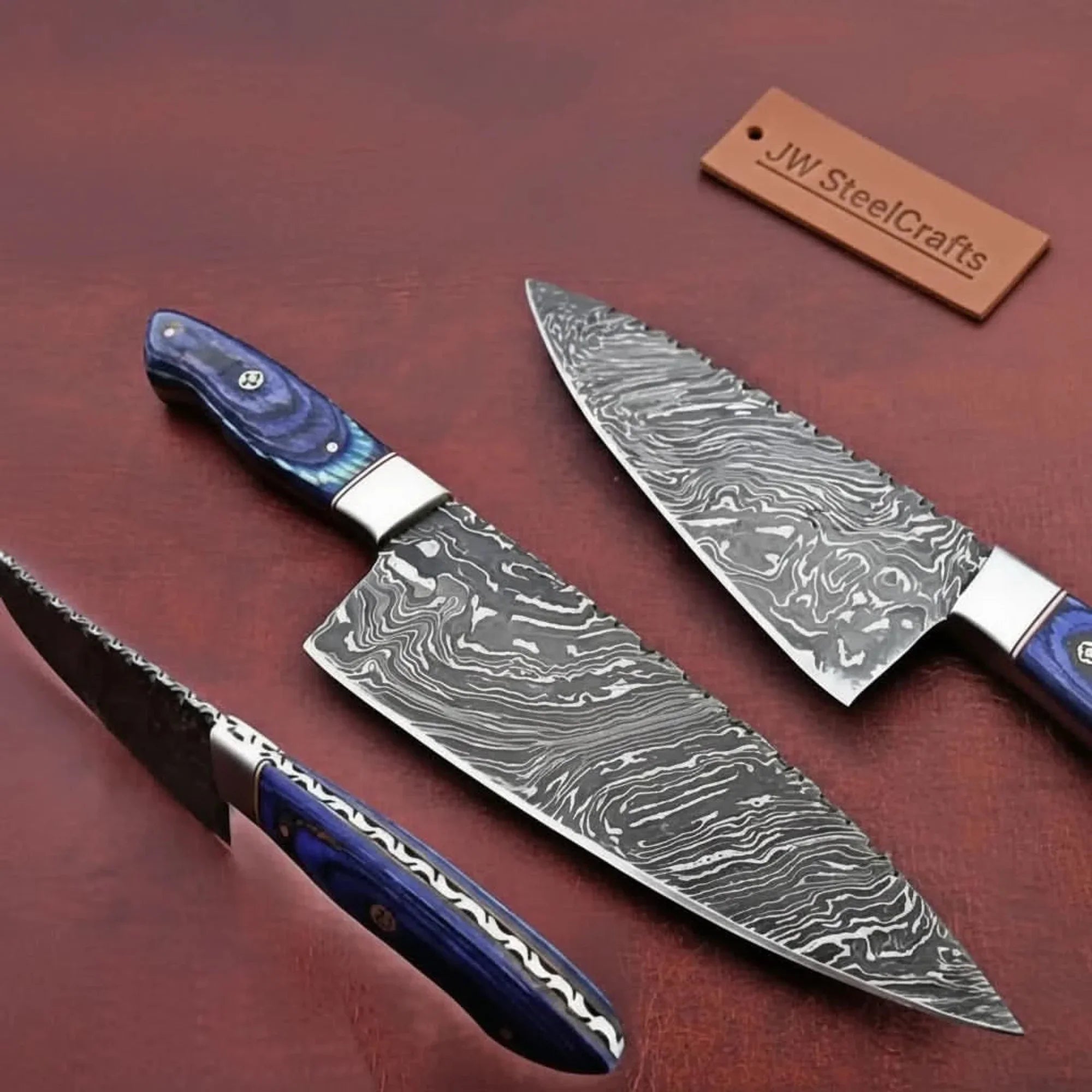 Kiritsuke-Style Damascus Chef Knife with Blue Wood Handle and Steel Bolster by JW SteelCrafts