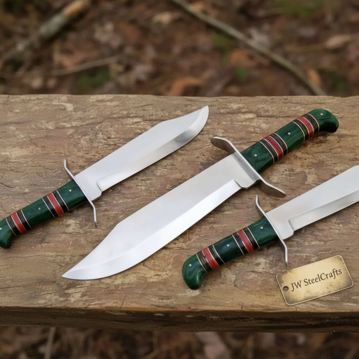 Sheffield Clip Point Bowie Knife Mirror Polish Steel with S Guard and Stacked Handle detail view by JW SteelCrafts