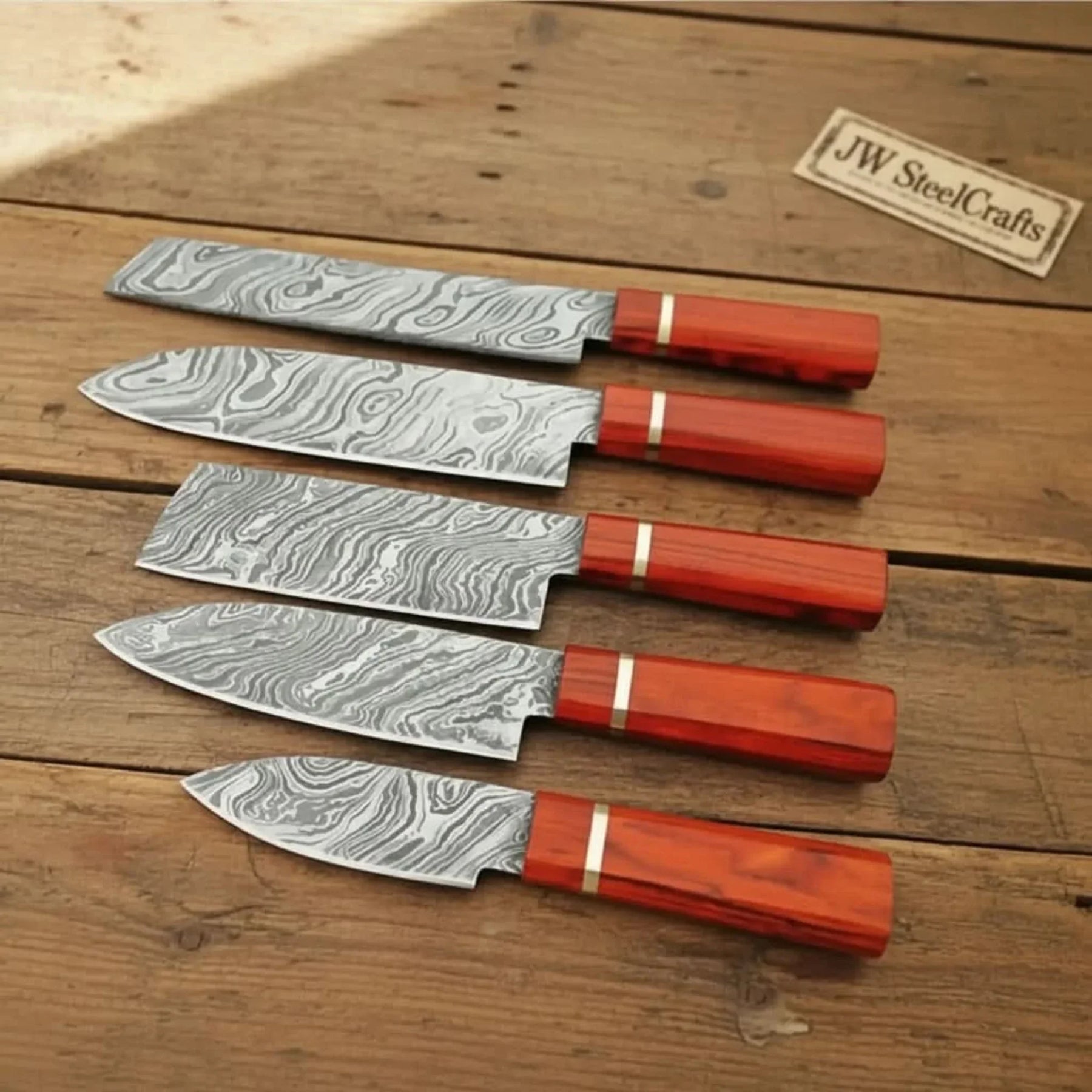 5-Piece Twisted Damascus Japanese Knife Set with Red Pakka Wood Handles by JW SteelCrafts