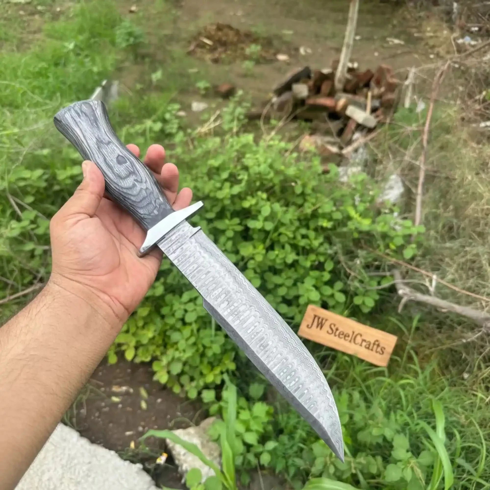 Handmade Damascus Recurve Clip Point Bowie Knife 10” Fixed Blade Outdoor Survival Knife by JW SteelCrafts, Damascus knife detail photo 2