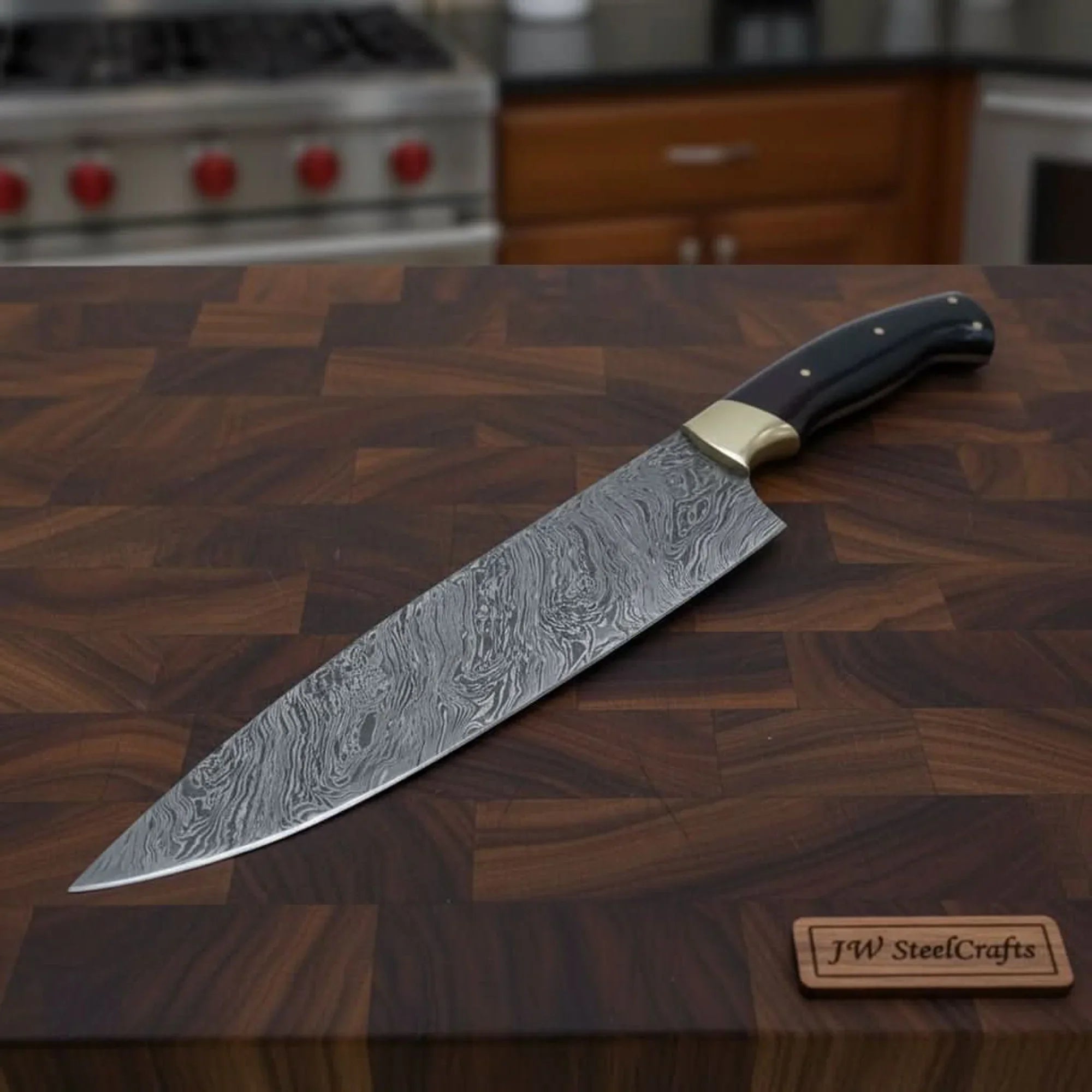 Handmade Damascus Chef Knife, Full Tang Kitchen Knife with Brass Bolster and Black Handle, Forged Damascus Steel Professional