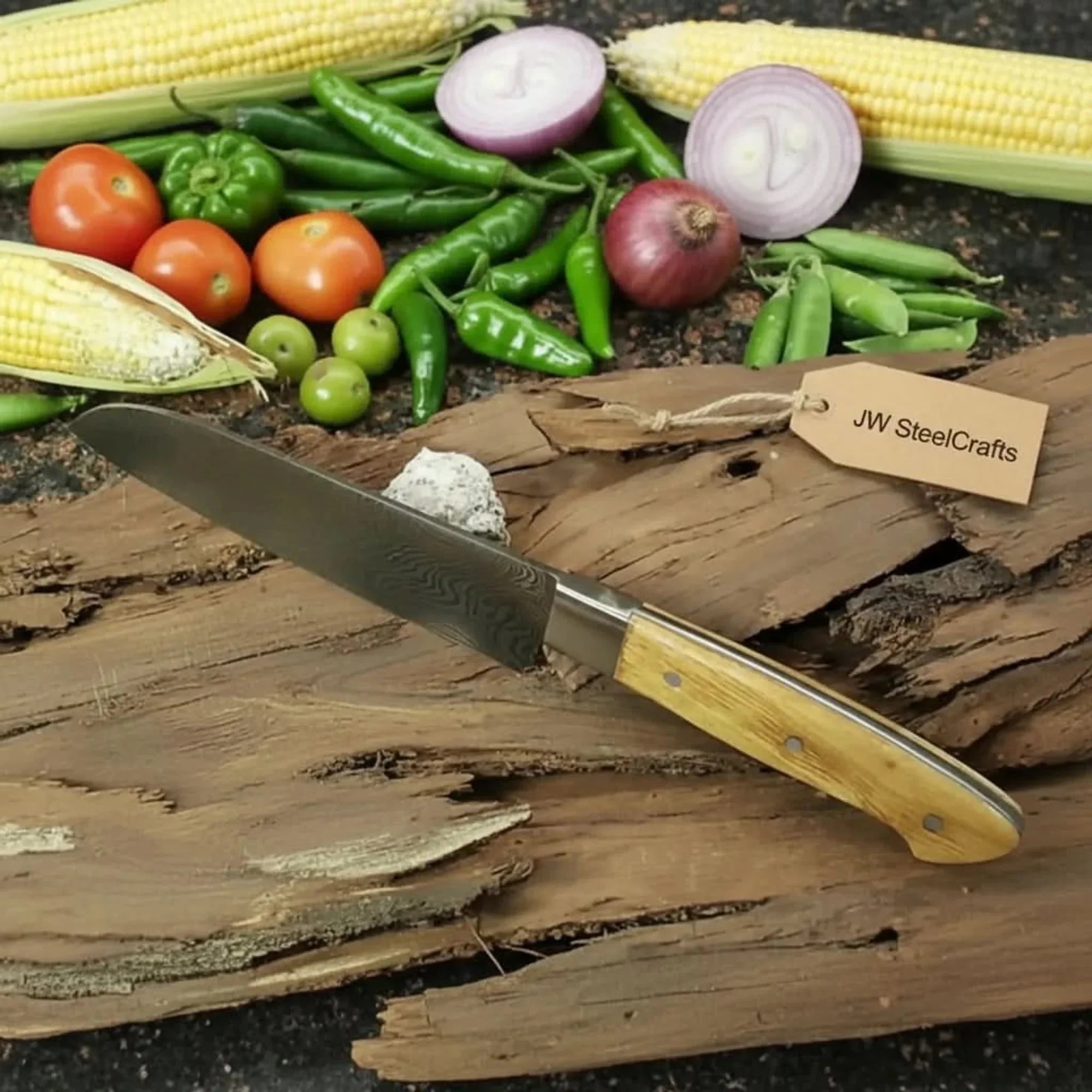 Full Tang Japanese Design Gyuto Knife – Handmade Damascus Chef Knife with Grey Wood Handle by JW SteelCrafts