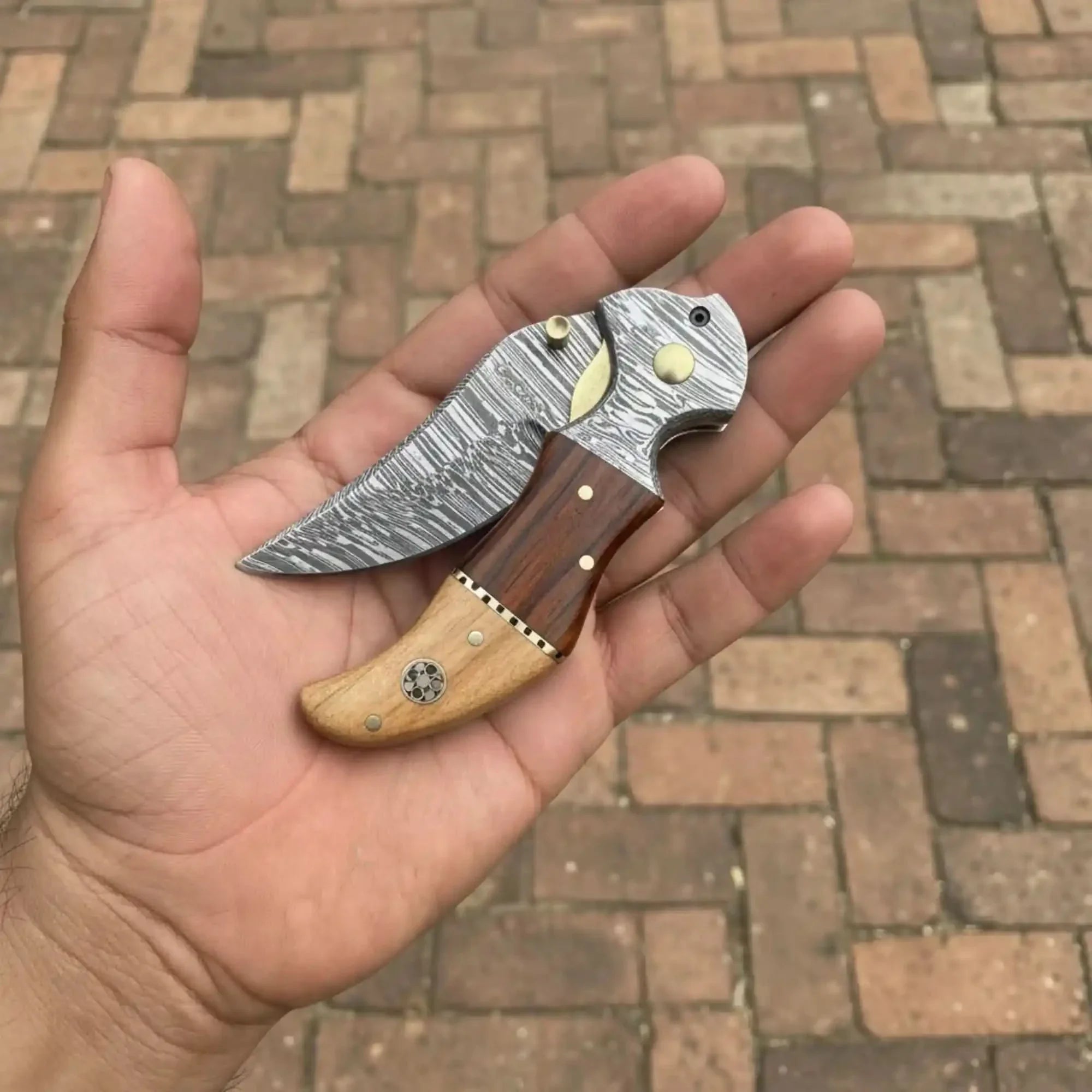 Small Damascus Recurve Folding Pocket Knife — Liner Lock, Rosewood & Olive Wood Handle, Brass Bolster & Brass Thumb Stud by JW SteelCrafts, Damascus knife main product photo