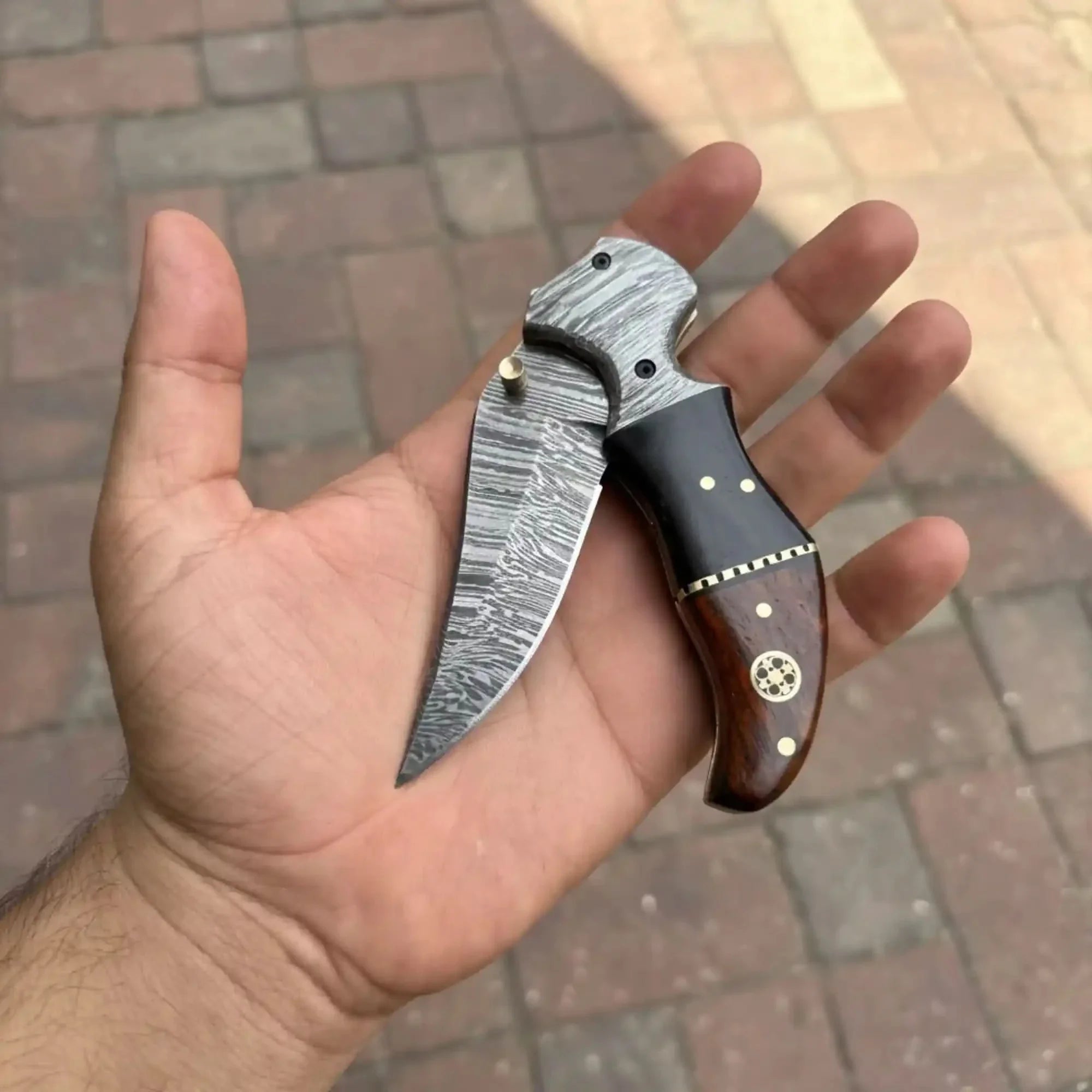 Damascus Recurve Folding Pocket Knife — Liner Lock, Black Resin & Wood Handle, Brass Spacer & Pocket Clip by JW SteelCrafts, Damascus knife main product photo