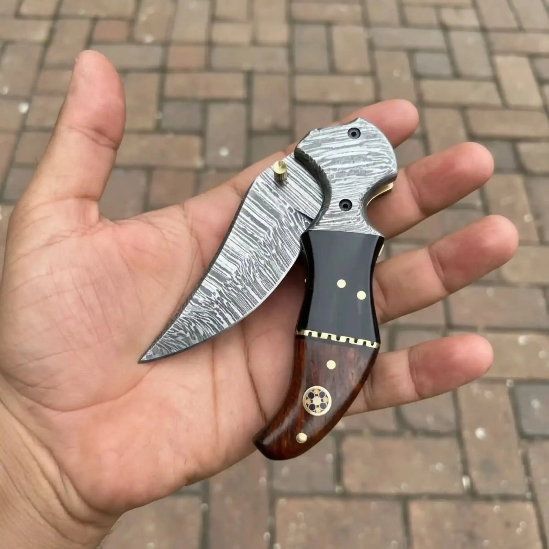 Damascus Recurve Folding Pocket Knife — Liner Lock, Black Resin & Wood Handle, Brass Spacer & Pocket Clip