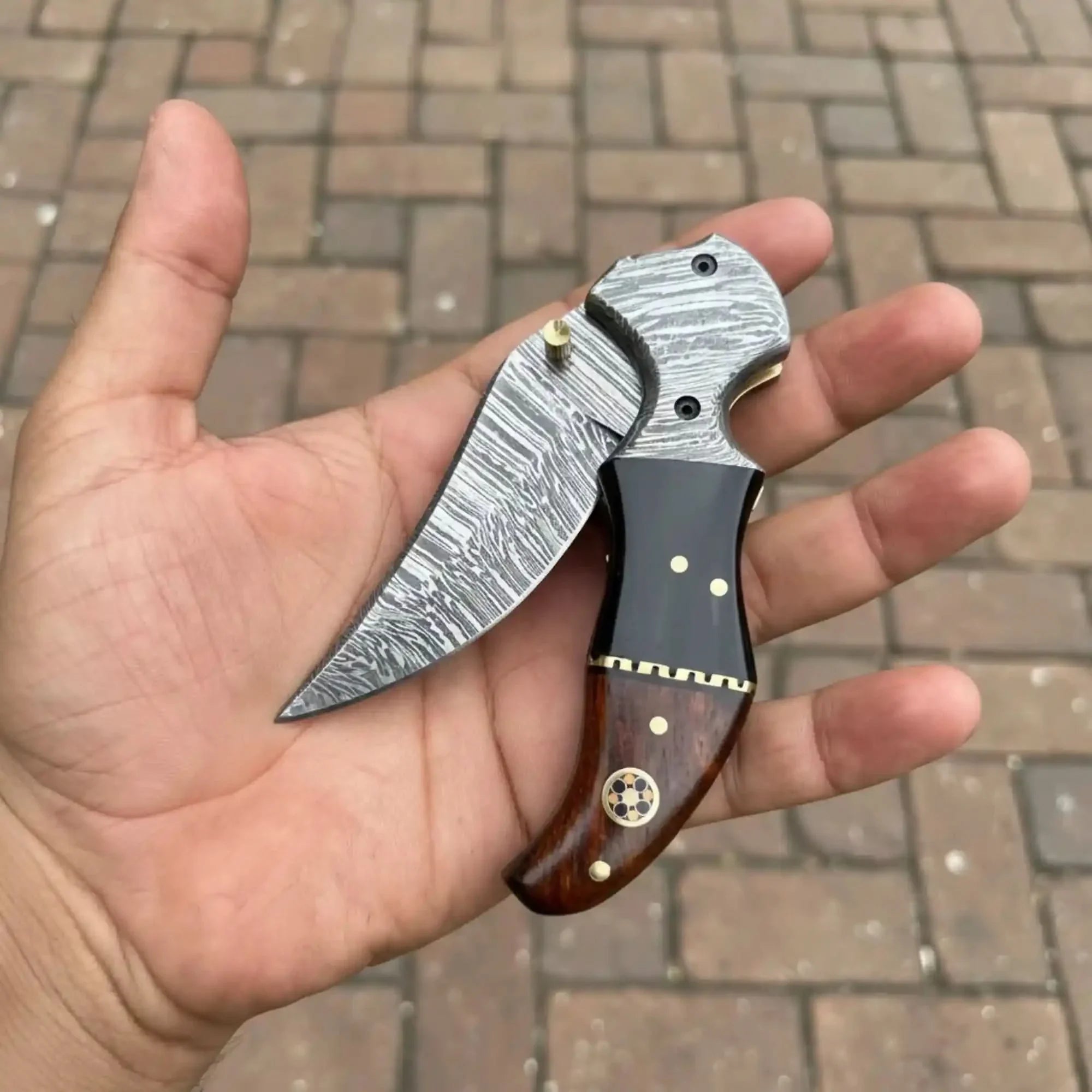 Damascus Recurve Folding Pocket Knife — Liner Lock, Black Resin & Wood Handle, Brass Spacer & Pocket Clip by JW SteelCrafts, Damascus knife detail photo 2