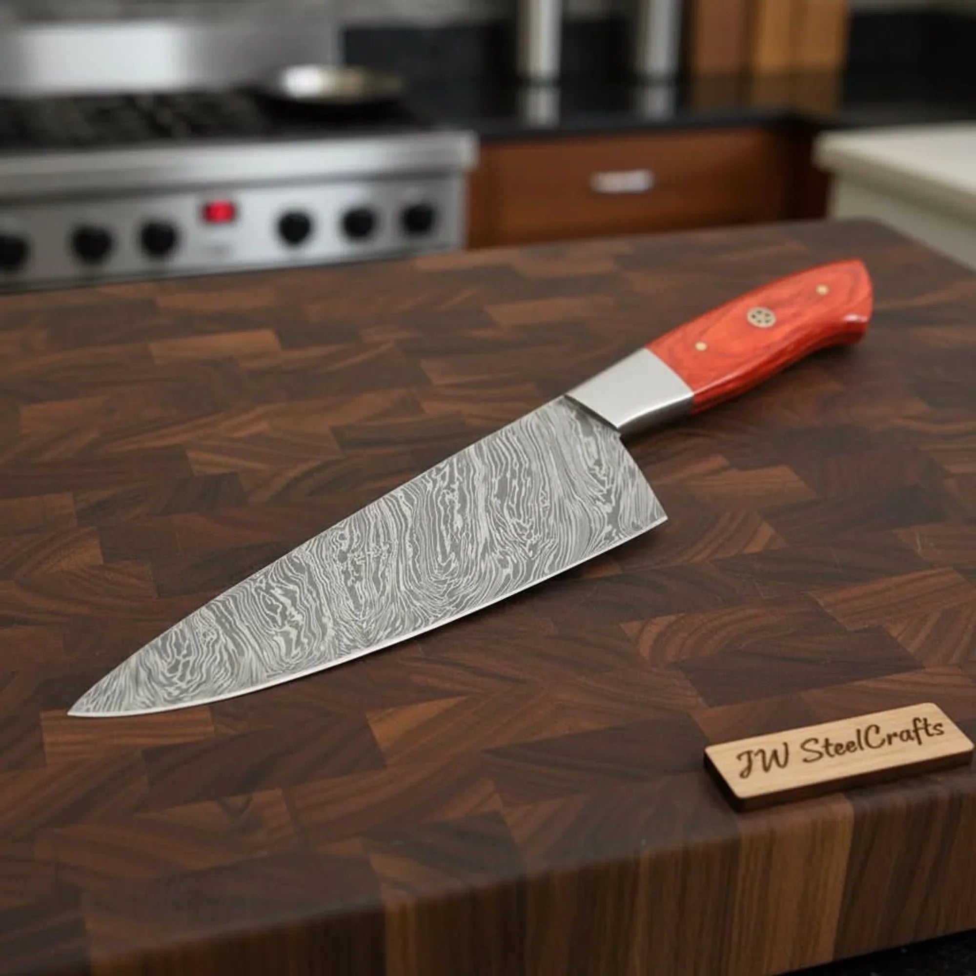 Damascus Steel Chef Knife, Orange Dyed Wood Handle, Full Tang Blade by JW SteelCrafts by JW SteelCrafts