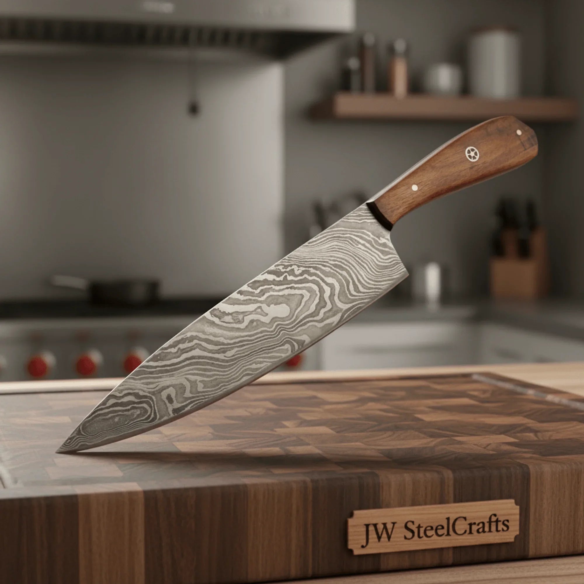 Chef Knife, Twist Pattern Damascus Steel Blade, Walnut Wood Handle with Mosaic Pin, Full Tang Professional Kitchen Knife, JW