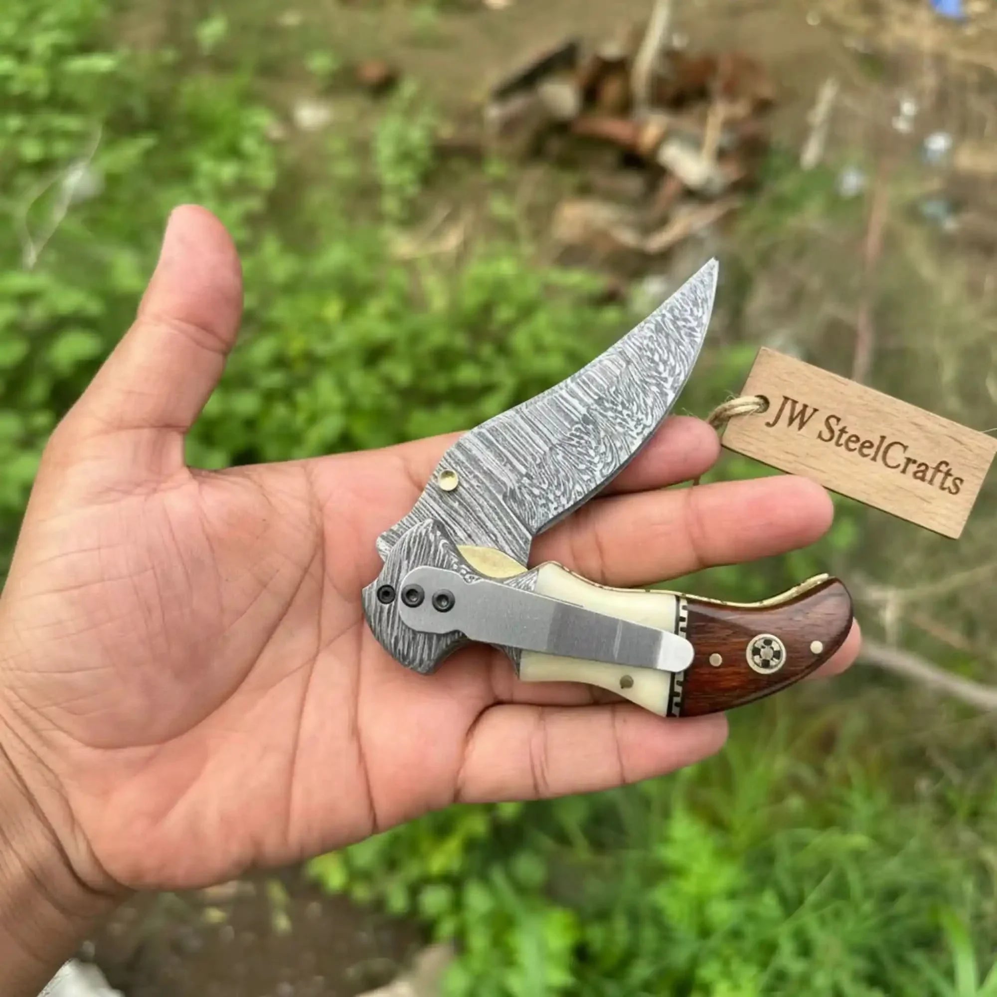 Damascus Hawkbill Folding Pruning Knife — Liner Lock, Rosewood & Bone Handle, Mosaic Pin by JW SteelCrafts, Damascus knife detail photo 2