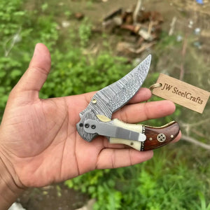 Damascus Hawkbill Folding Pruning Knife — Liner Lock, Rosewood & Bone Handle, Mosaic Pin