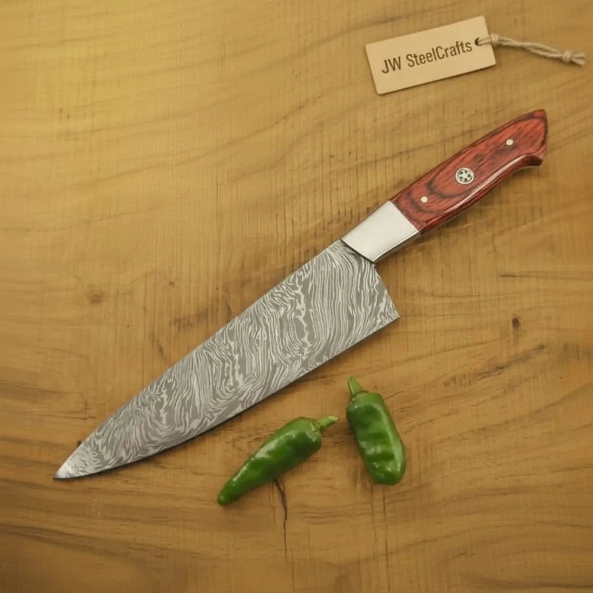 12 Inch Handmade Damascus Gyuto Chef Knife – Japanese Style Blade with Red Pakka Wood Handle by JW SteelCrafts