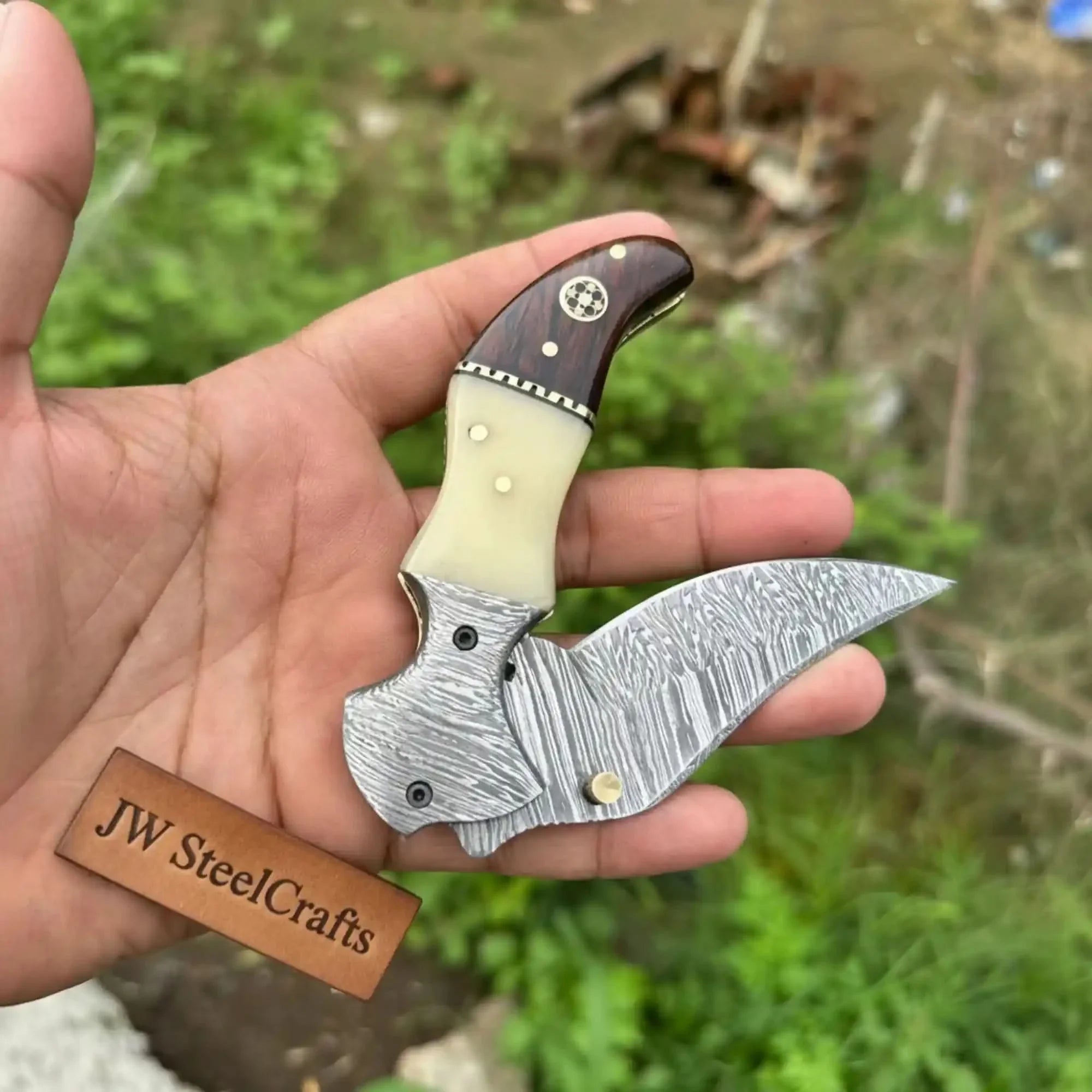 Damascus Hawkbill Folding Pruning Knife — Liner Lock, Rosewood & Bone Handle, Mosaic Pin by JW SteelCrafts, Damascus knife main product photo