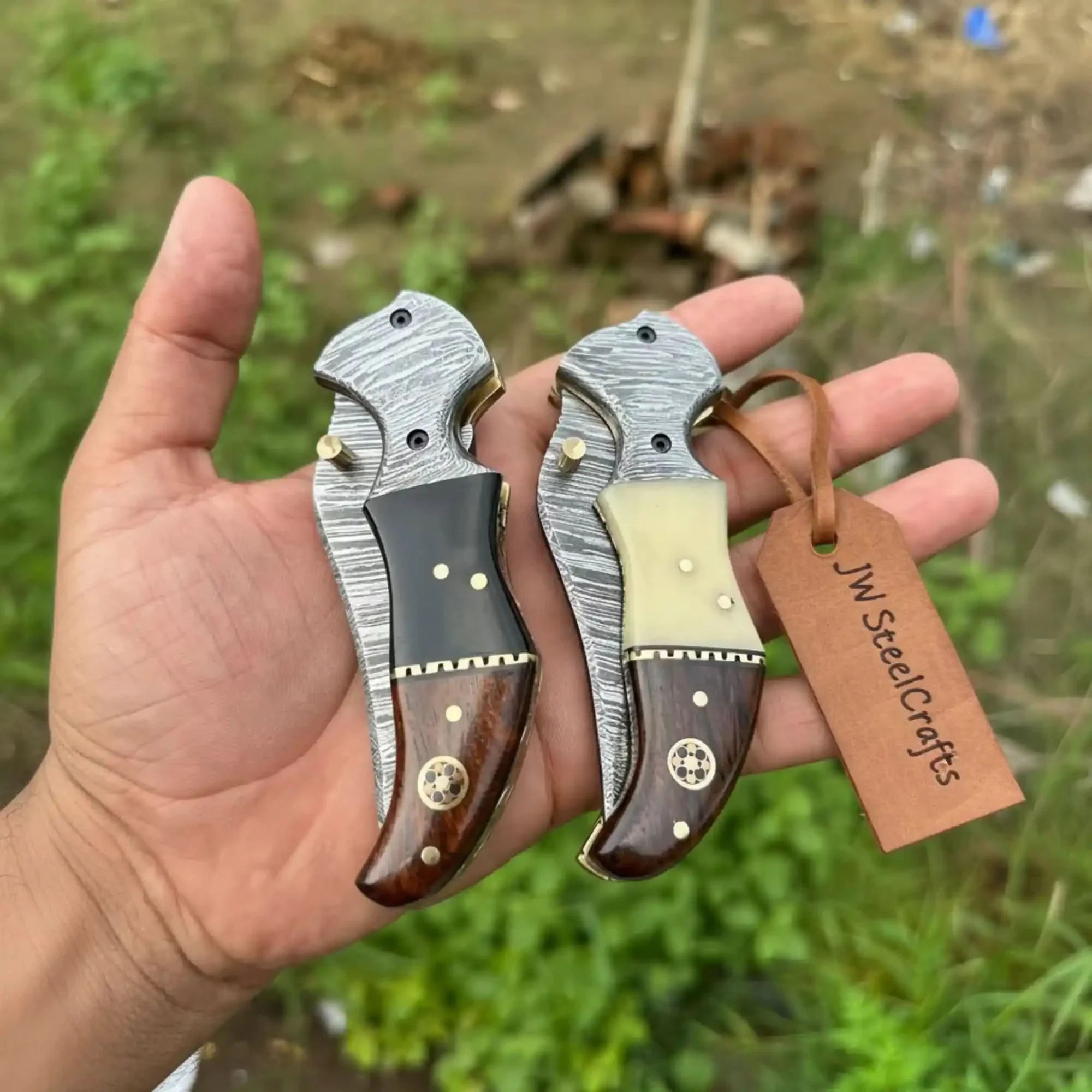 2-Piece Damascus Hawkbill Folding Pocket Knives — Liner Lock, Rosewood Black & Cream Resin Handles, Brass Bolsters by JW SteelCrafts, Southern handmade gift main product photo