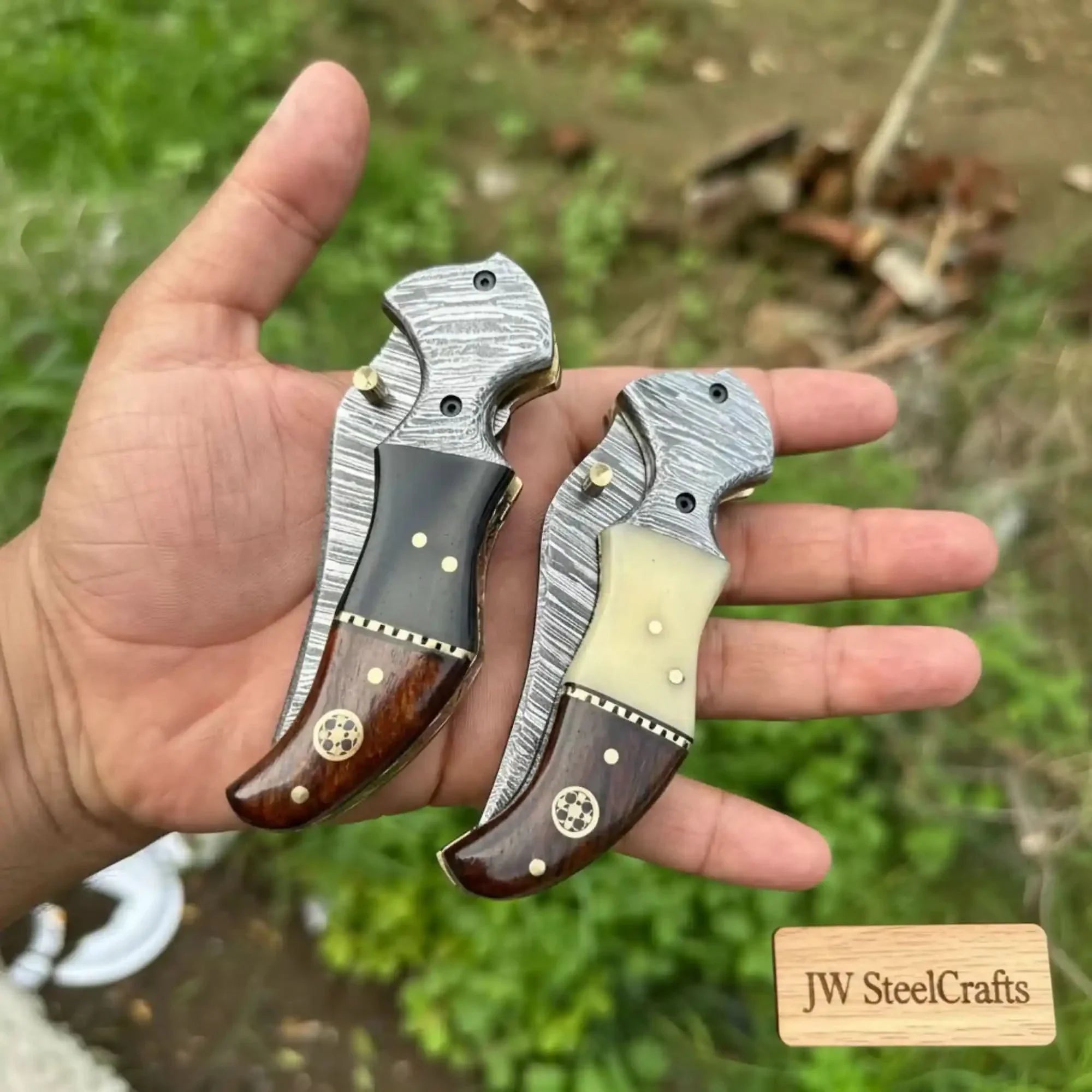 2-Piece Damascus Hawkbill Folding Pocket Knives — Liner Lock, Rosewood Black & Cream Resin Handles, Brass Bolsters by JW SteelCrafts, Southern handmade gift detail photo 2
