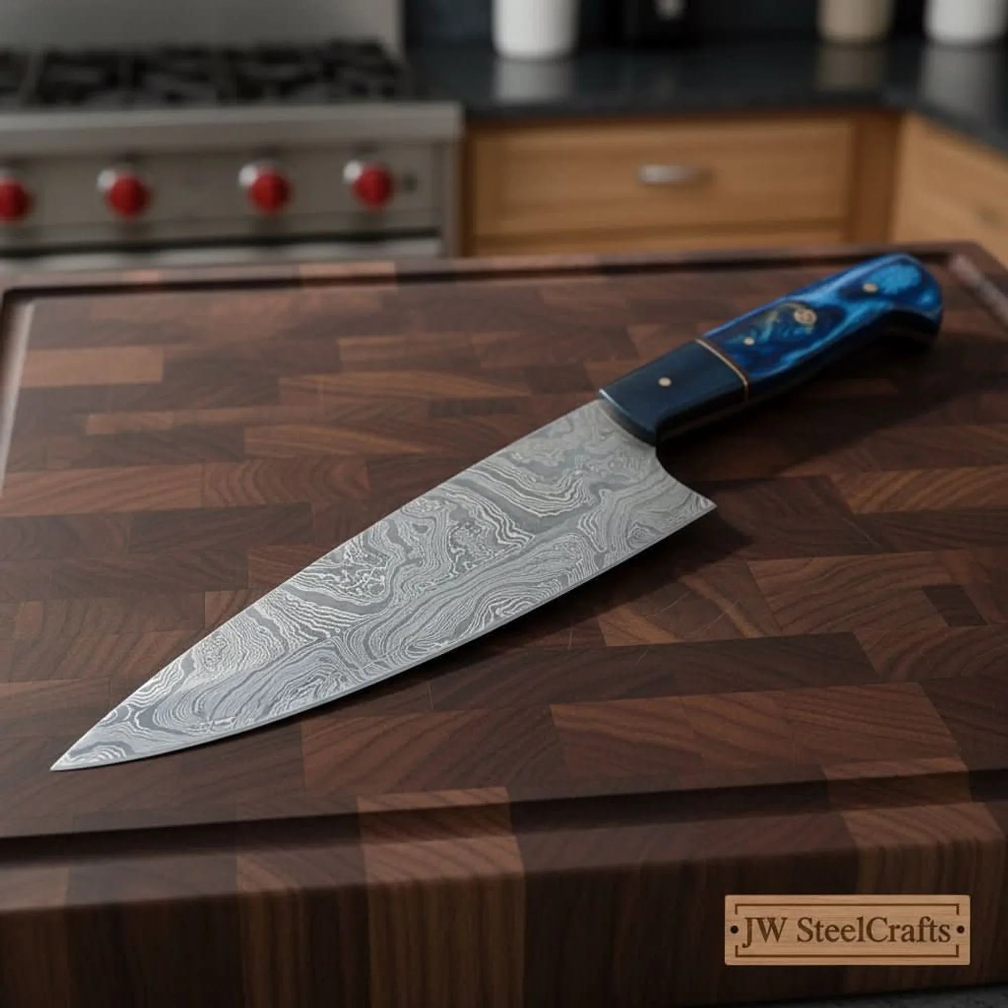 Chef Knife, Raindrop Pattern Damascus Steel Blade, Blue Resin and Black Wood Handle, Full Tang Professional Kitchen Knife, JW