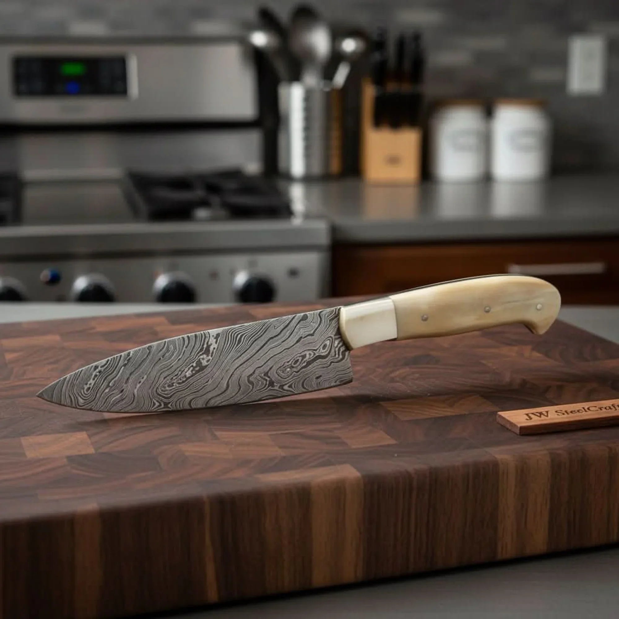 Gyuto Knife, Handmade Damascus Steel Blade, White Bone Handle with Steel Bolster, Full Tang Japanese Chef Knife, JW