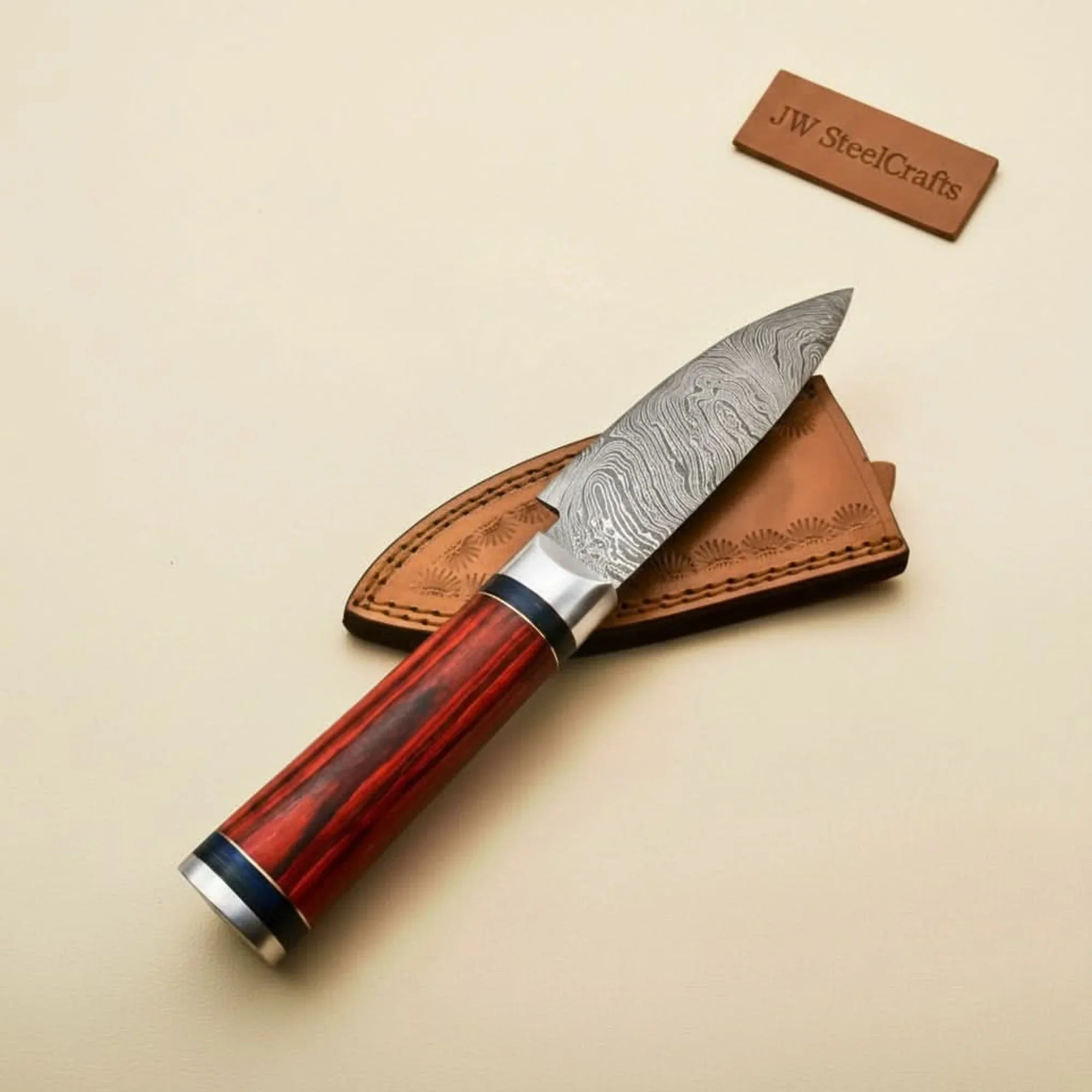 Handmade Damascus Petty Knife – 4-Inch Blade | Red Pakkawood Handle & Steel Bolster | 8" Overall detail view by JW