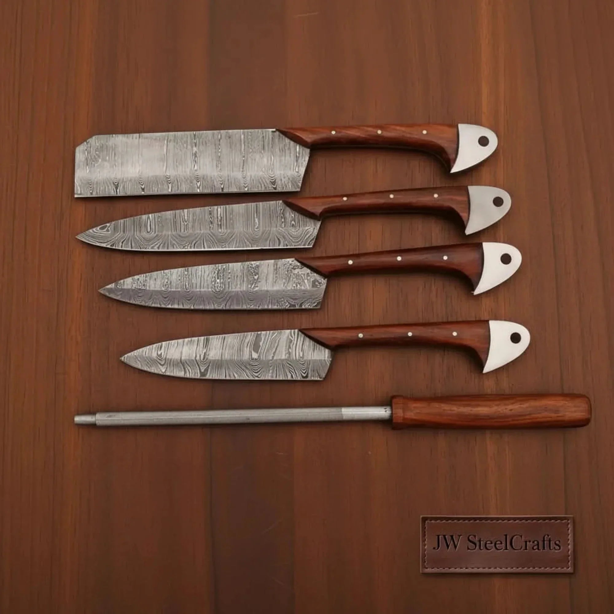 Hand-Forged Damascus Chef Knife Set with Leather Roll & Sharpening Rod - Rosewood Handle Collection detail view by JW