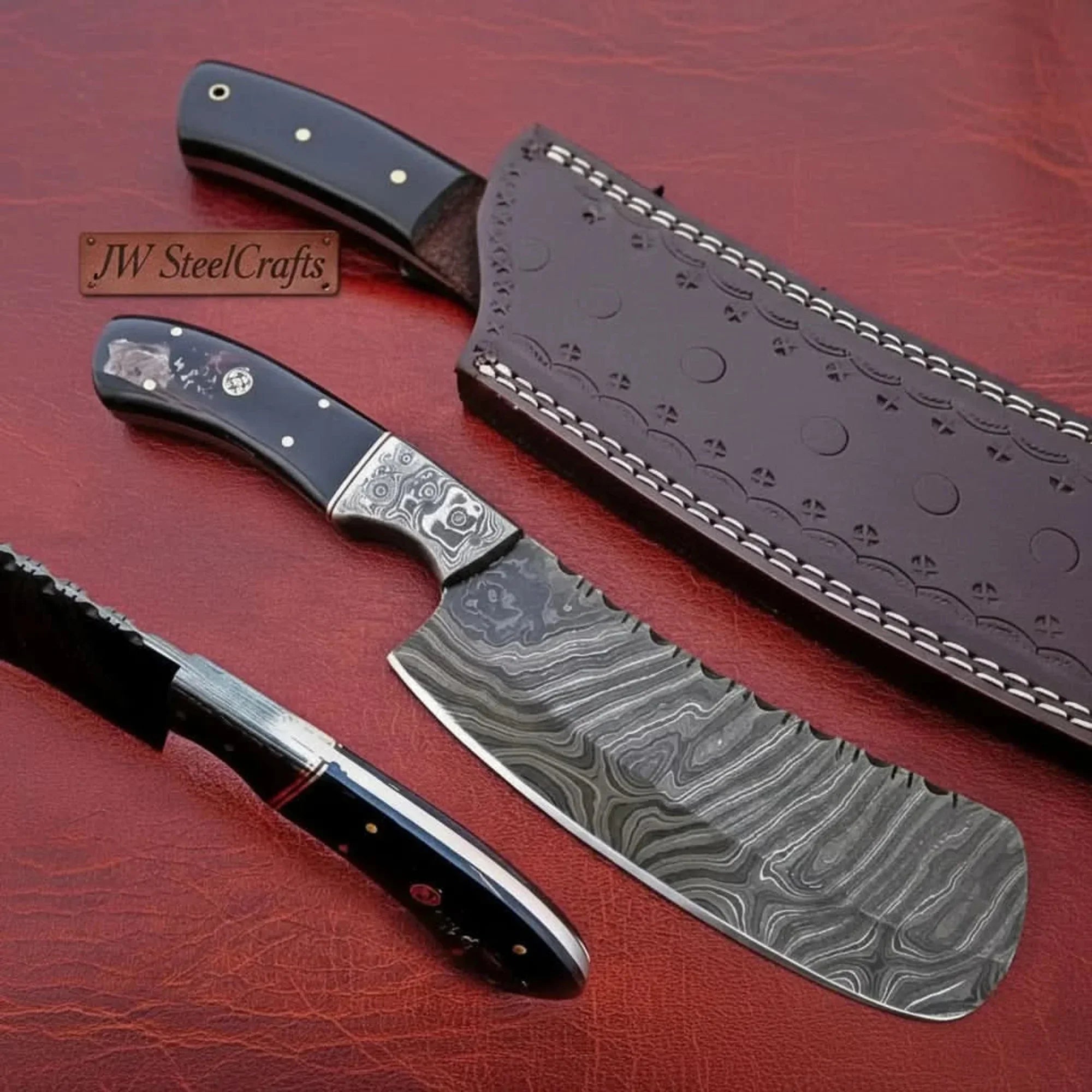 10-Inch Forged Damascus Nakiri Chopper — Ladder Pattern Blade, Engraved Damascus Bolster, Black Resin Handle & Tooled Leather