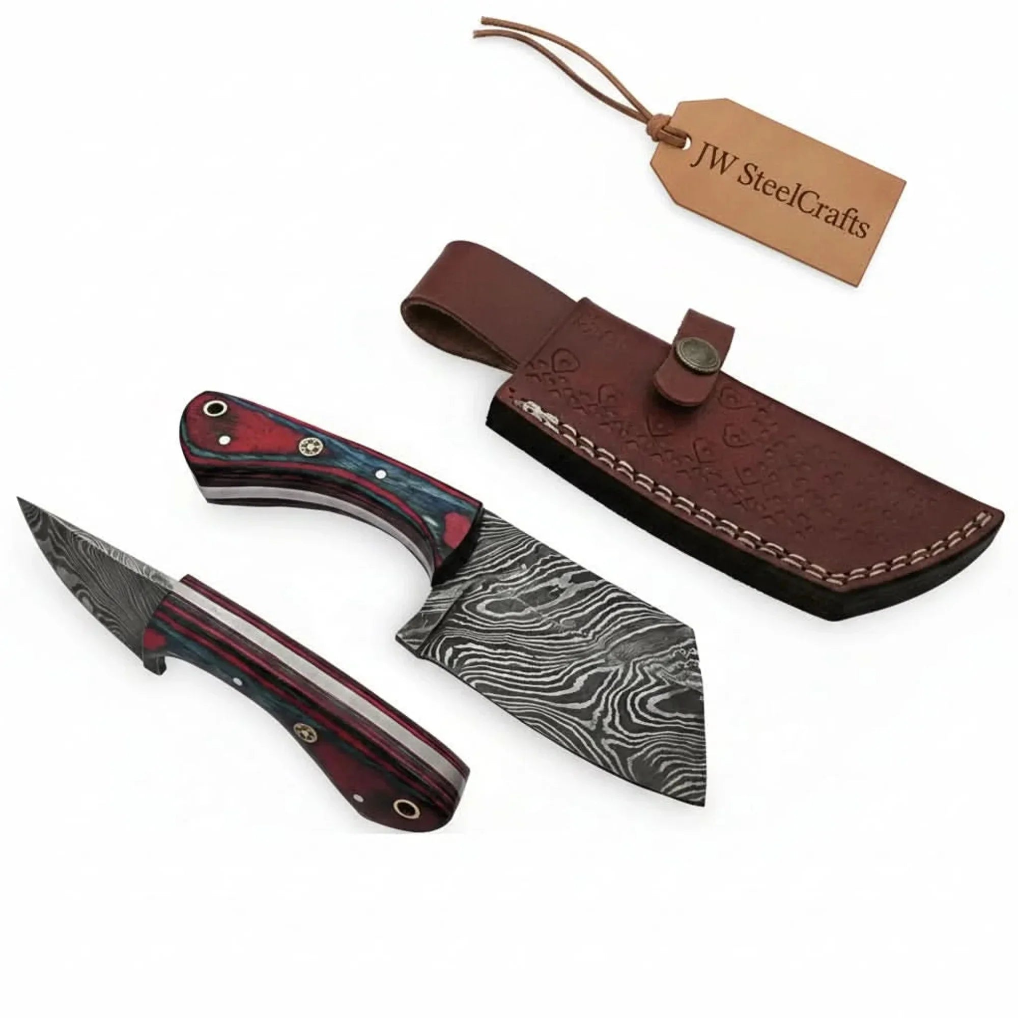 6-Inch Forged Damascus Cleaver Knife — Red and Blue Pakka Wood Handle, Mosaic Pin, Lanyard Hole & Tooled Leather Sheath | JW Steel Crafts
