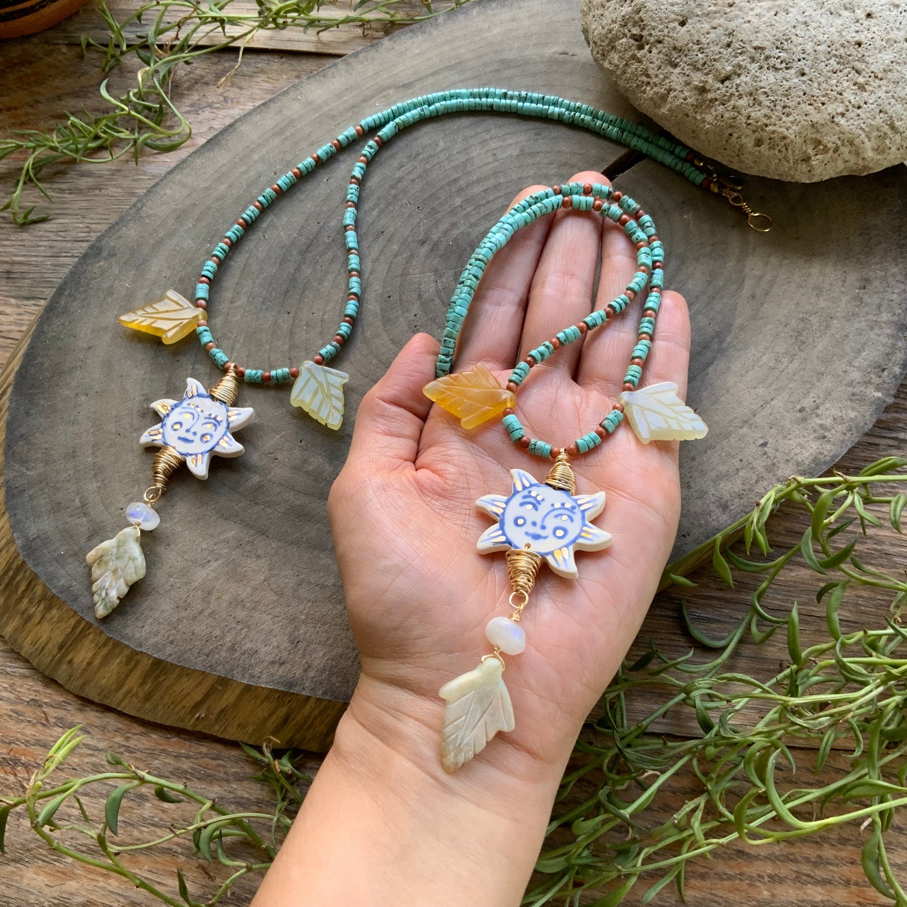 Sol En El Jardin necklace, Folk Ceramic Sun pendant
