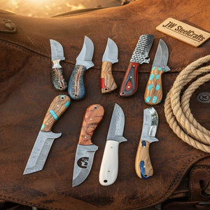 Ranchland Blade Collection Handmade Set of 8 Damascus Steel Knives by JW SteelCrafts