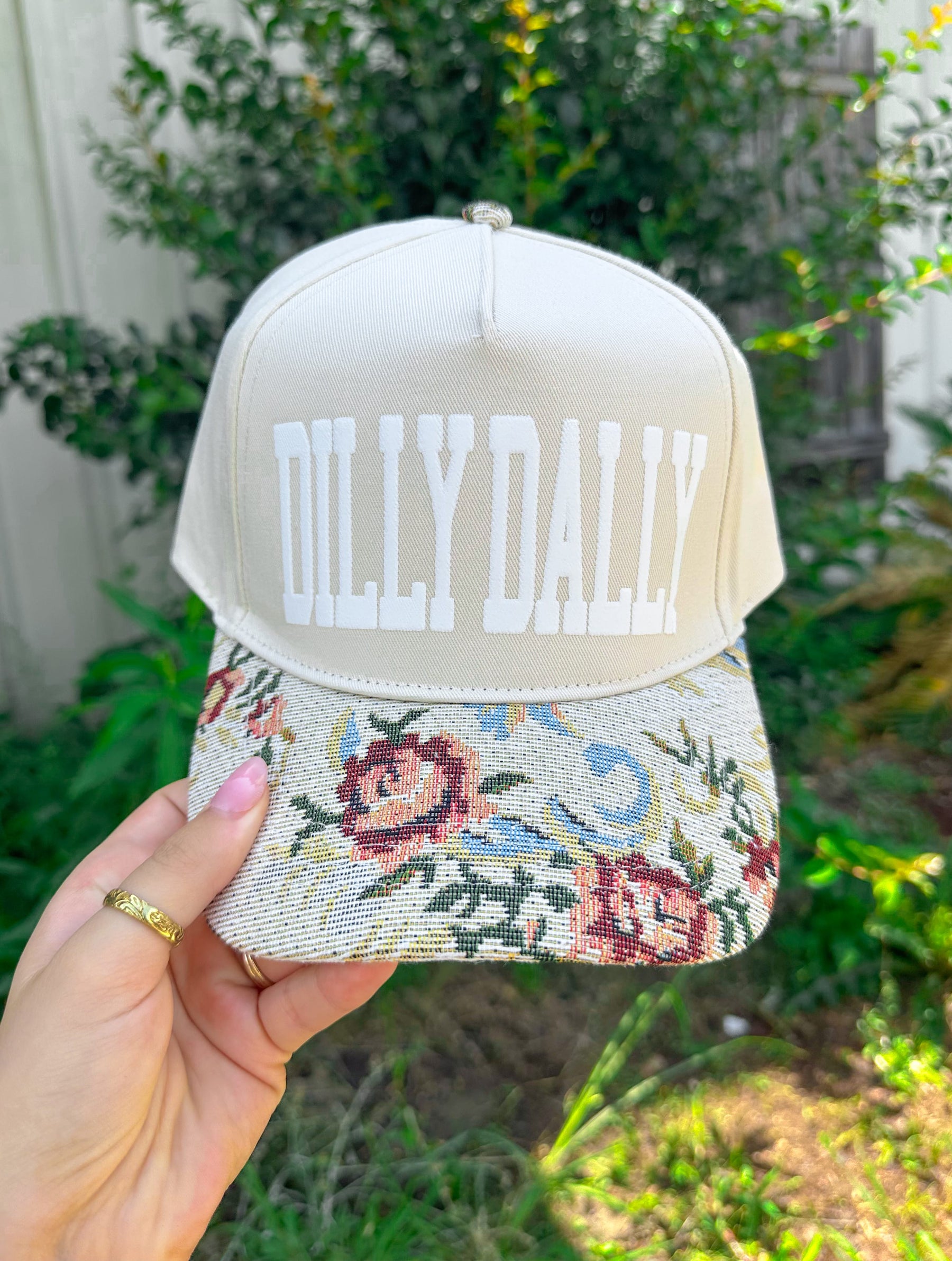 Dilly Dally Tan/Light Vintage Floral Canvas Trucker Hat