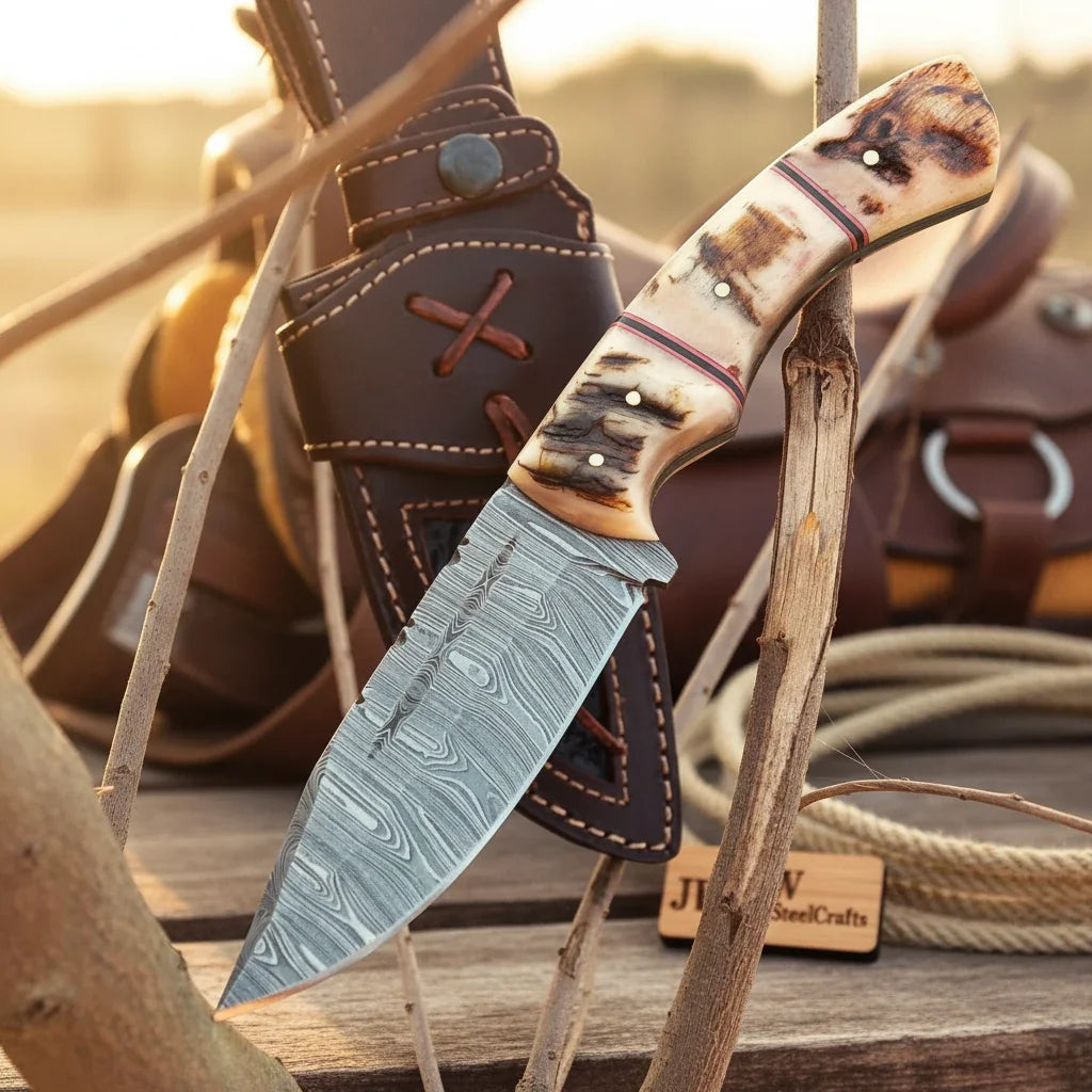 Sundown Trail Rasp Steel Knife 9" Stag Bone Handle by JW SteelCrafts