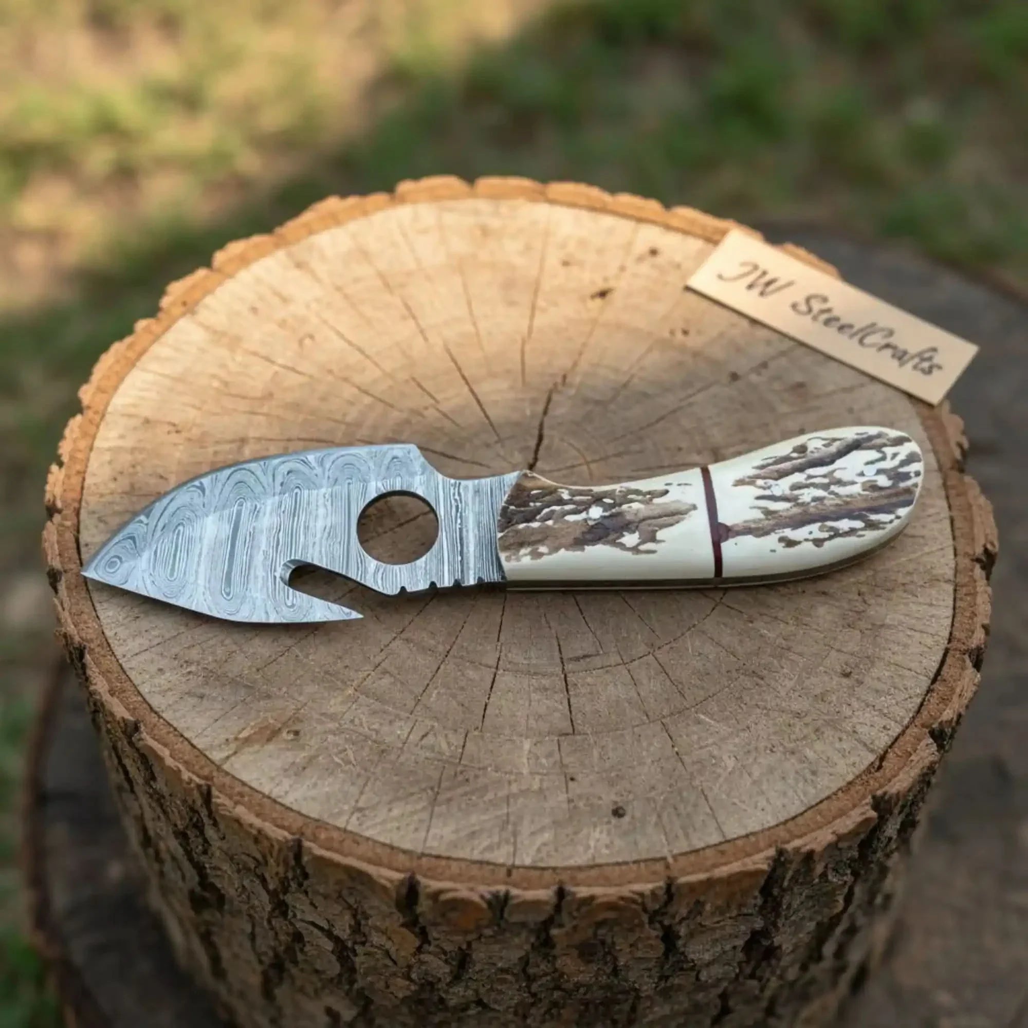Handmade Damascus Gut Hook Skinner Hunting Knife Fixed Blade Synthetic Stag Handle with Thumb Hole by JW SteelCrafts, Damascus knife detail photo 2