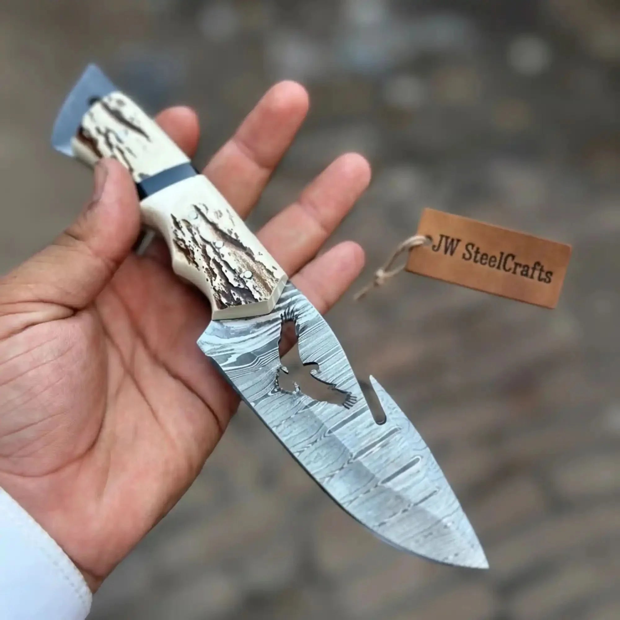 Handmade Damascus Gut Hook Hunting Knife Fixed Blade Synthetic Stag Handle with Eagle Engraving by JW SteelCrafts, Damascus knife main product photo