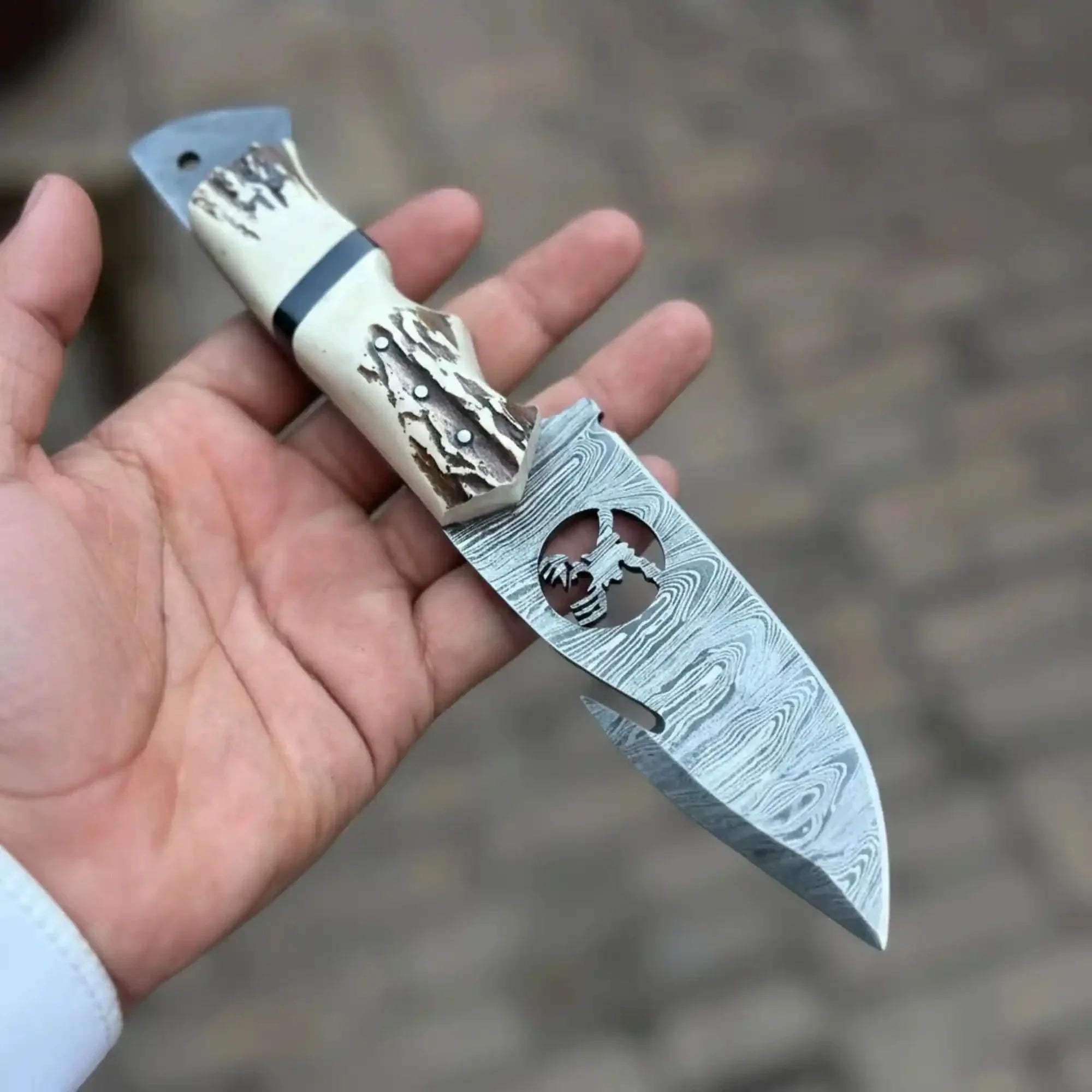 Damascus Gut Hook Hunting Knife with Deer Cutout Blade and Synthetic Stag Handle by JW SteelCrafts, Damascus knife detail photo 2