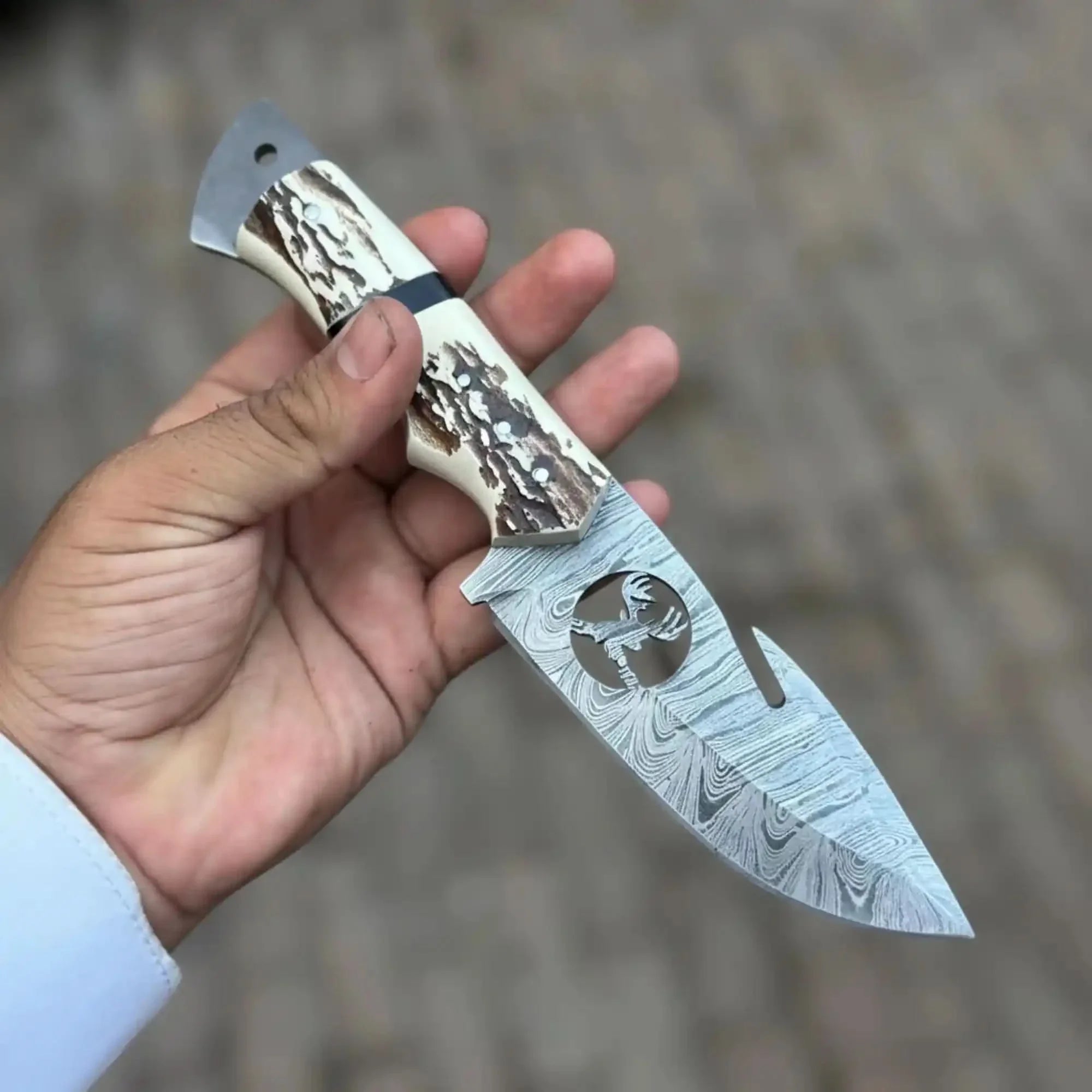 Damascus Gut Hook Hunting Knife with Deer Cutout Blade and Synthetic Stag Handle by JW SteelCrafts, Damascus knife main product photo
