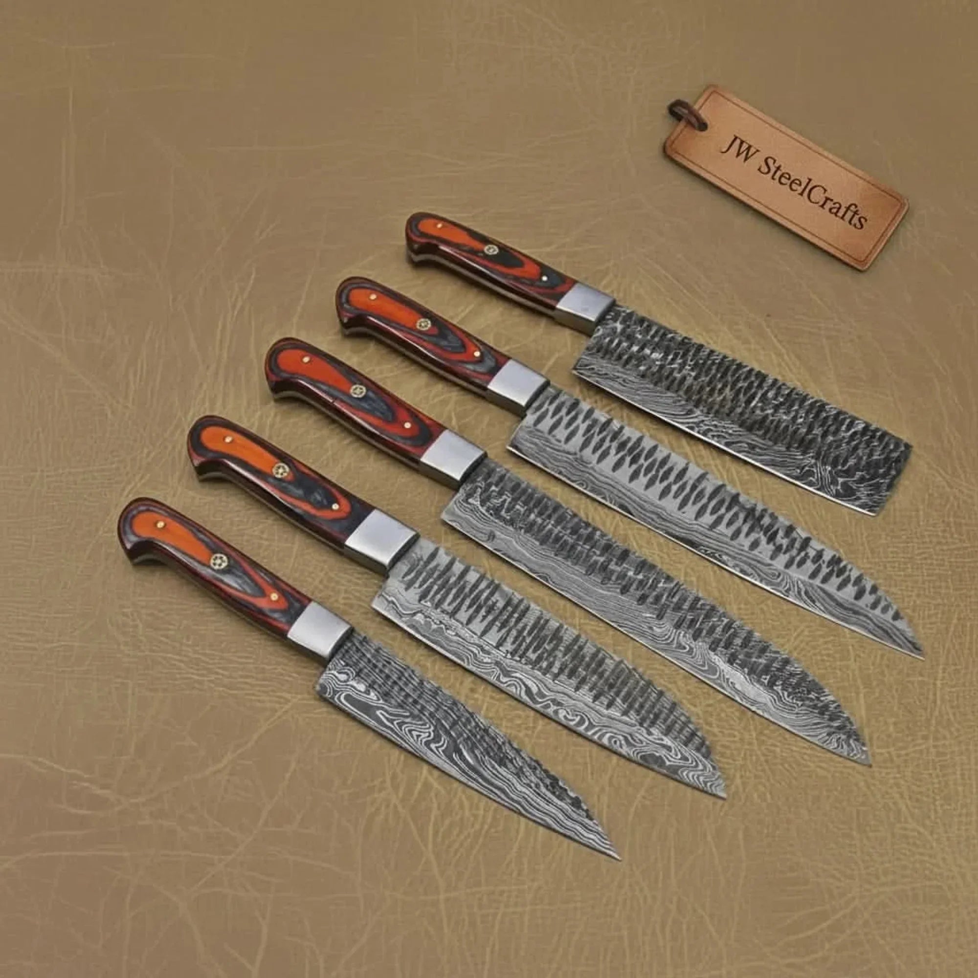 5-Piece Damascus Knife Set Orange Black Pakka Wood Handles with Hammered Tsuchime Blades detail view by JW SteelCrafts