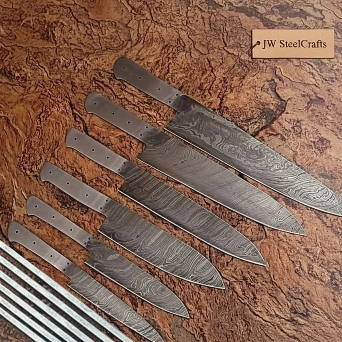 6-Piece Handmade Damascus Chef Knife Blank Set, Forged Steel Blades, Custom Knife Making Supply by JW SteelCrafts
