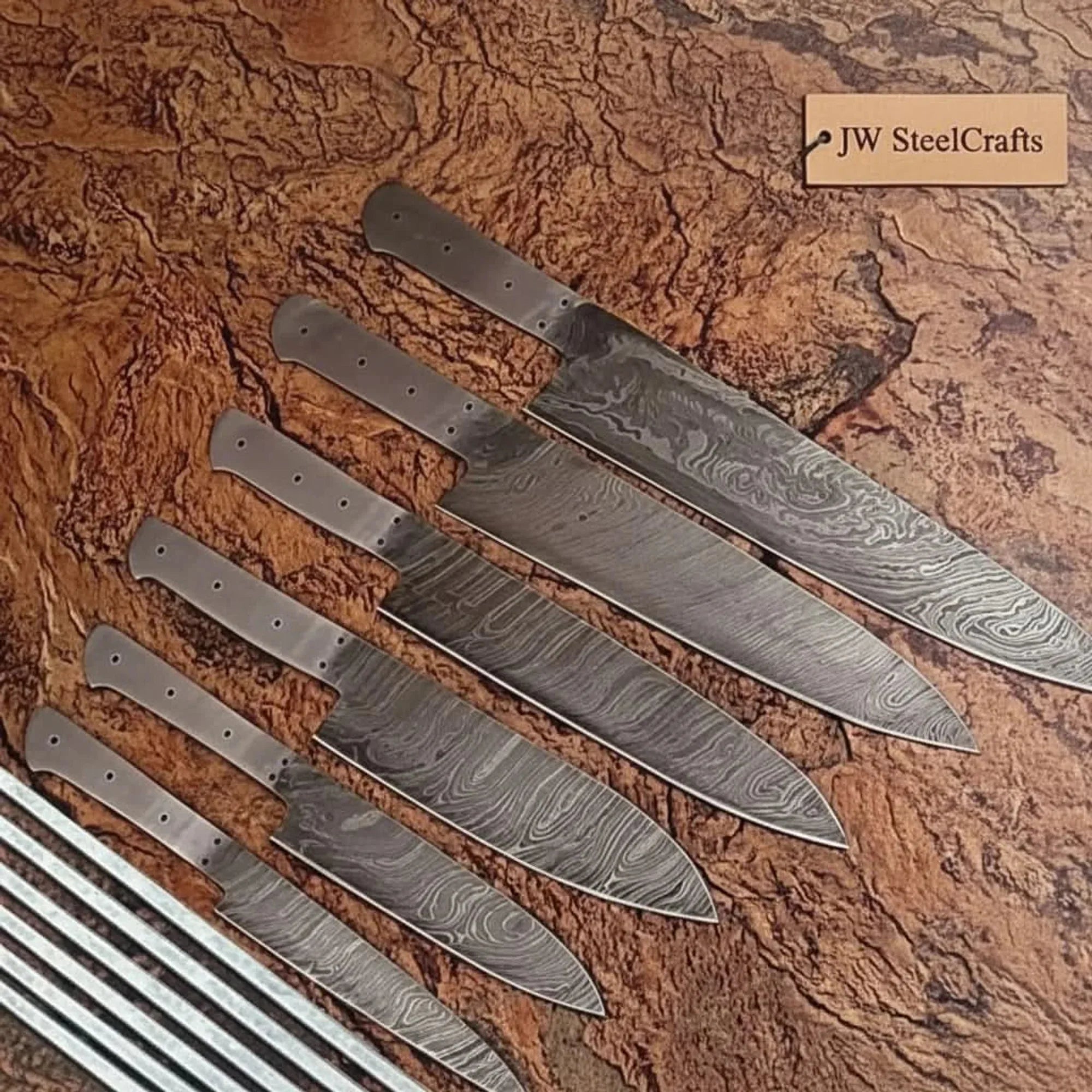 6-Piece Handmade Damascus Chef Knife Blank Set, Forged Steel Blades, Custom Knife Making Supply by JW SteelCrafts
