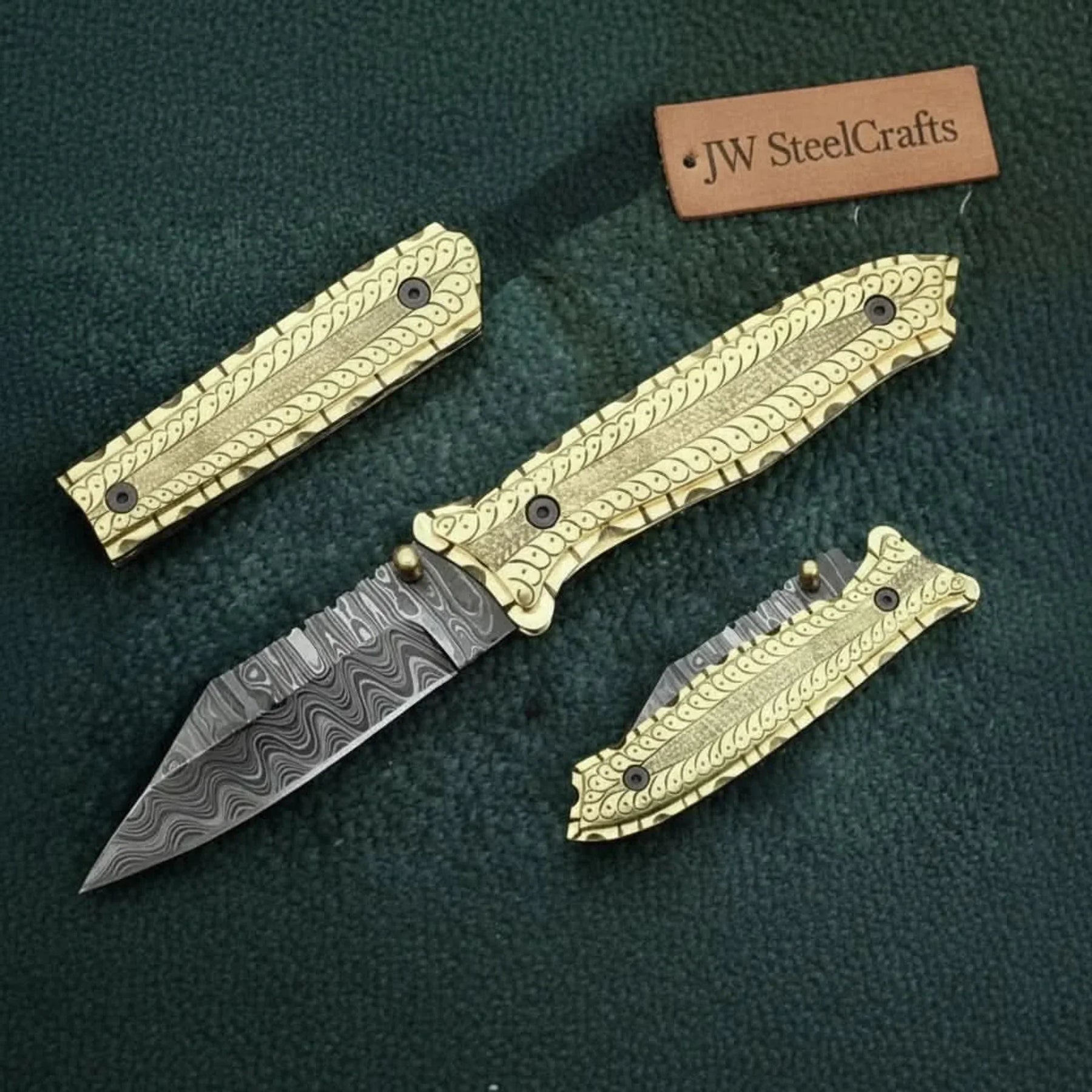 Handmade Damascus Steel Folding Knife with Olive Wood Handle – Brass Liner Pocket Knife detail view by JW SteelCrafts