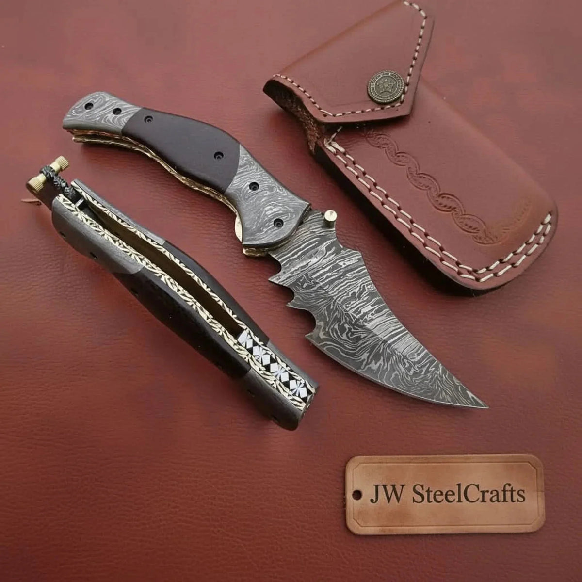 Outback Tracker Damascus Folding Knife with Jimped Spine by JW SteelCrafts