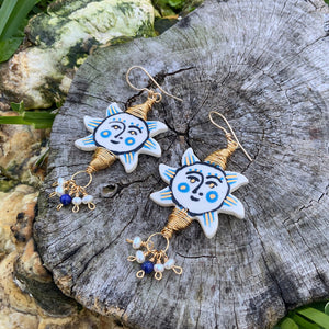 Folk art sun and freshwater pearl cluster earrings