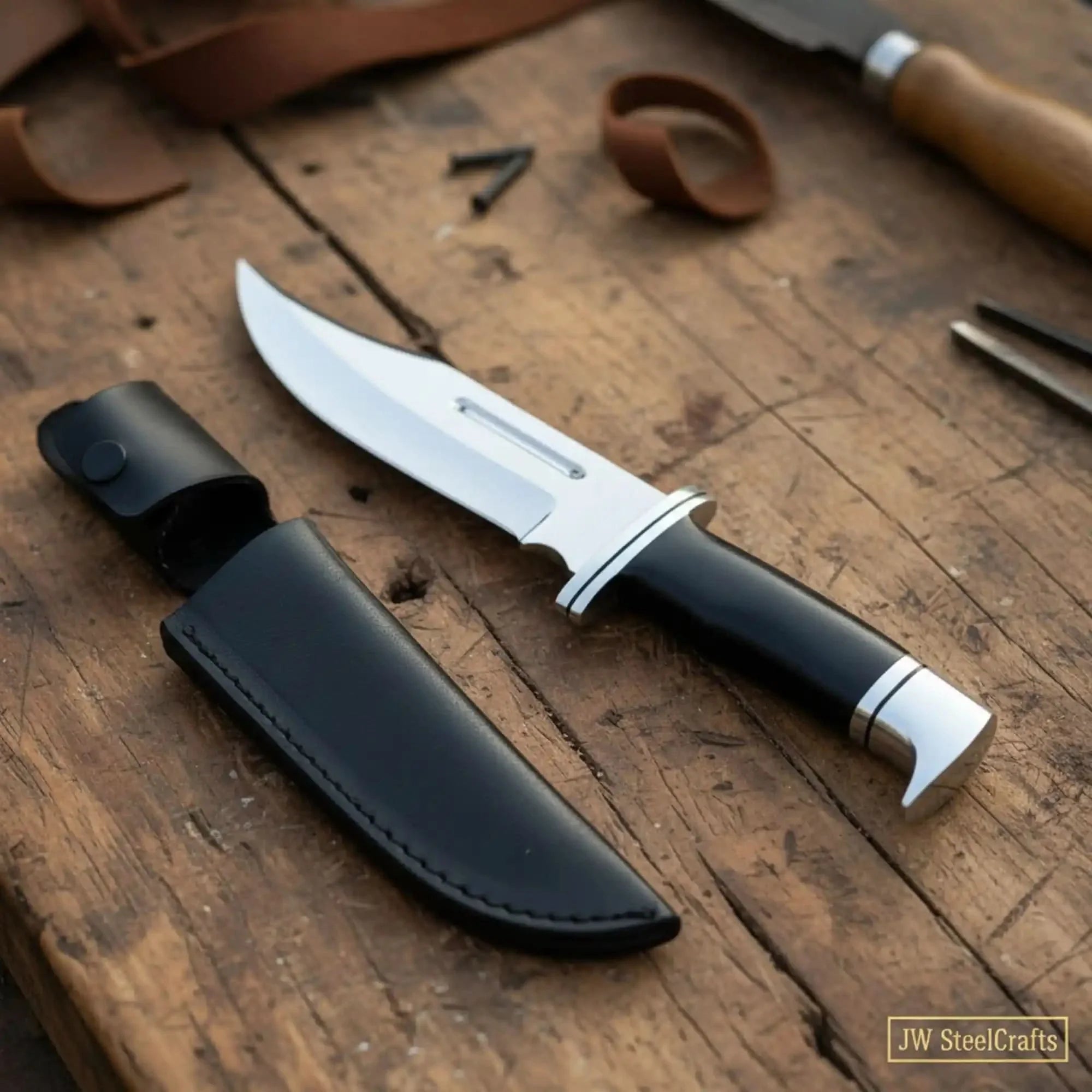 Carbon Steel Clip Point Bowie Knife — Black Resin Handle, Steel Guard, Steel Pommel & Mirror Polished Blade by JW SteelCrafts, Damascus knife detail photo 2