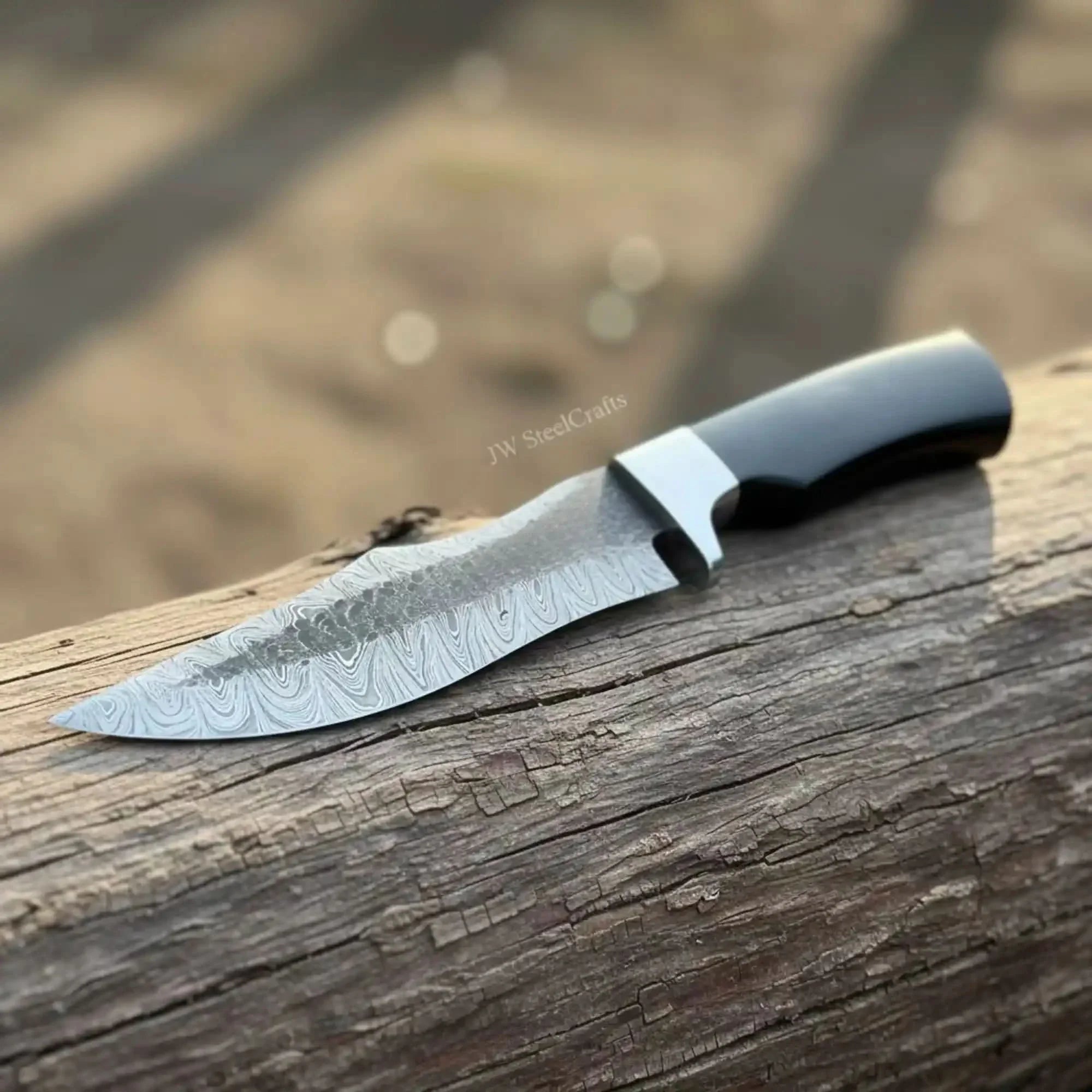 Damascus Trailing Point Fixed Blade Hunting Knife — Forged Ladder Pattern Blade, Black Resin Handle & Steel Guard by JW SteelCrafts, Damascus knife detail photo 2