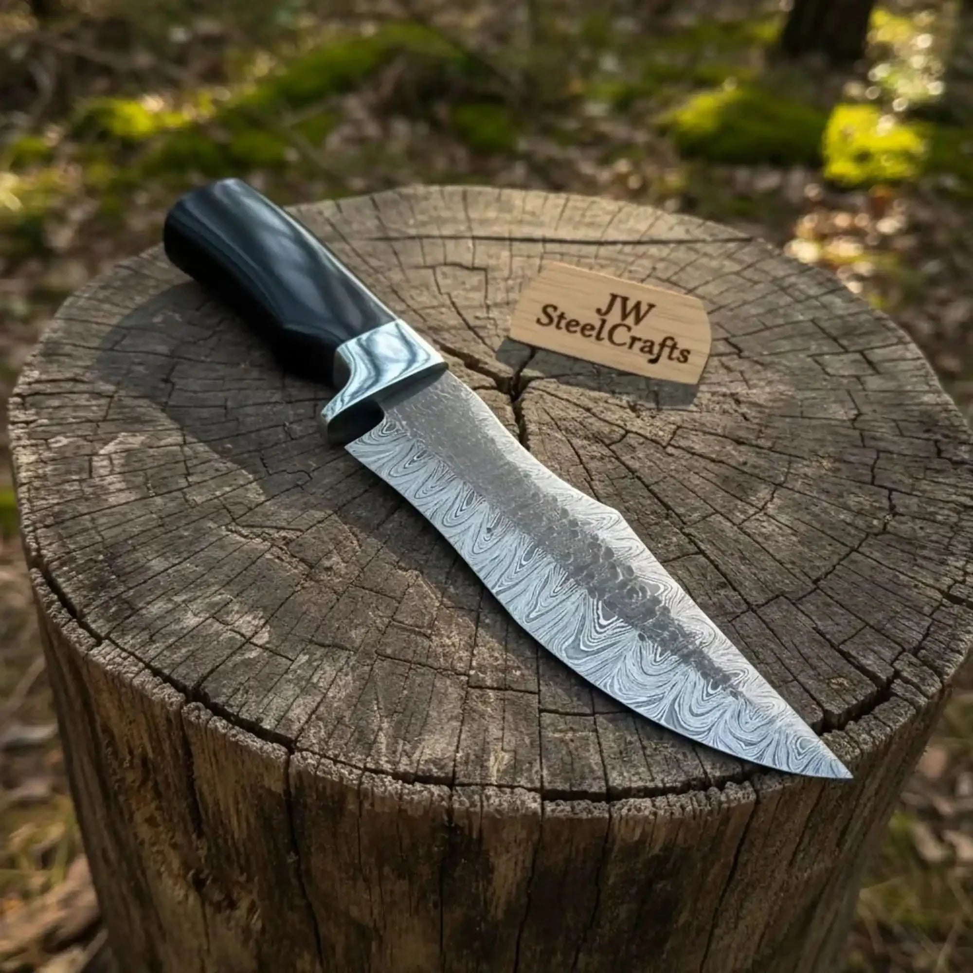Damascus Trailing Point Fixed Blade Hunting Knife — Forged Ladder Pattern Blade, Black Resin Handle & Steel Guard by JW SteelCrafts, Damascus knife main product photo