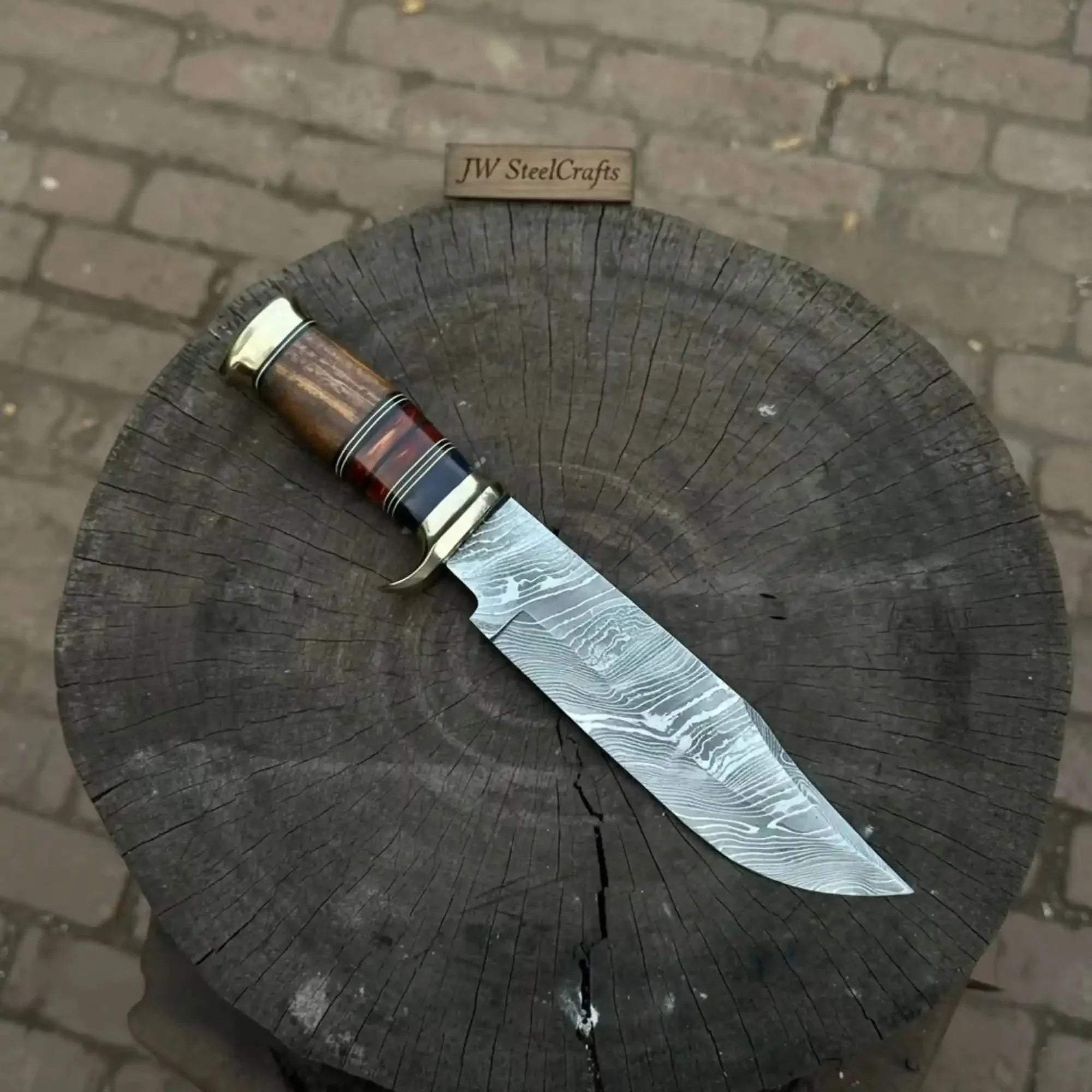 Handmade Damascus Steel Bowie Knife Stacked Leather Handle with Brass Fittings by JW SteelCrafts, Damascus knife detail photo 2