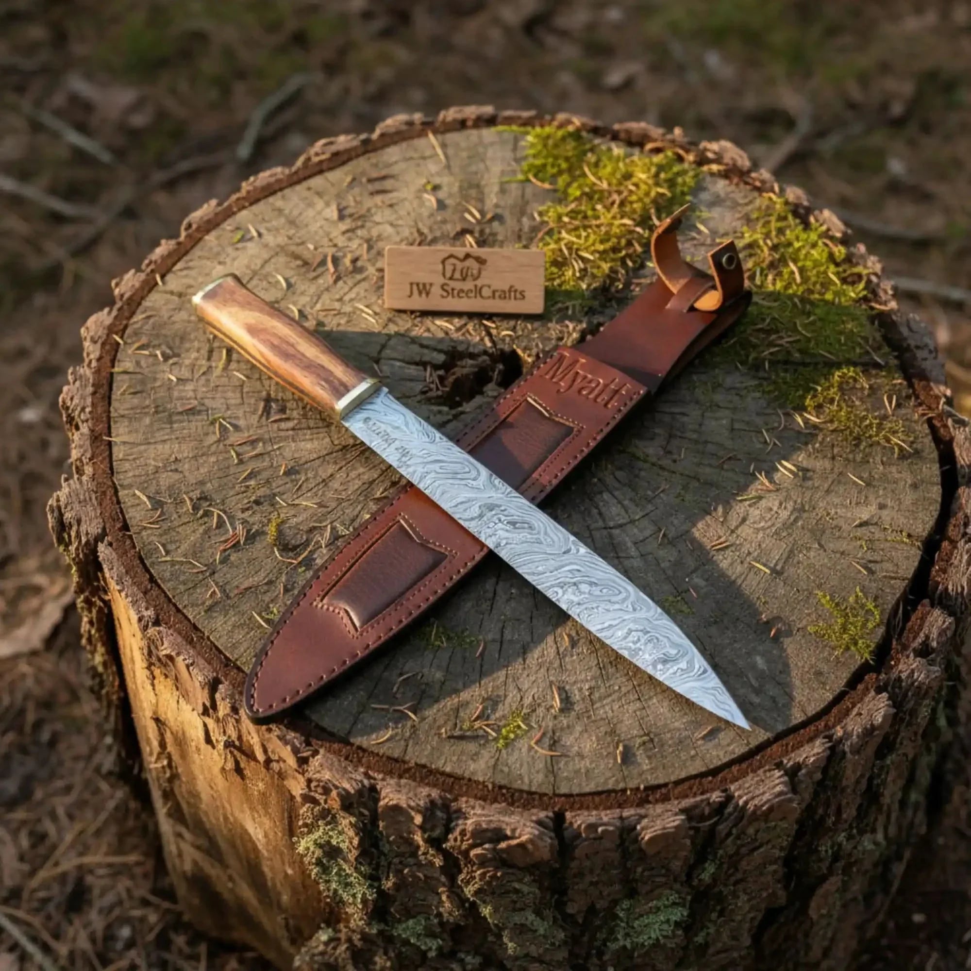 15-Inch Damascus Seax Knife — 10-Inch Wave Pattern Blade, Rosewood Handle by JW SteelCrafts, Damascus knife main product photo