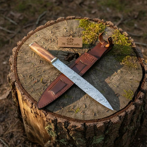 15-Inch Damascus Seax Knife — 10-Inch Wave Pattern Blade, Rosewood Handle, Brass Bolster, Brass Pommel & Leather Sheath