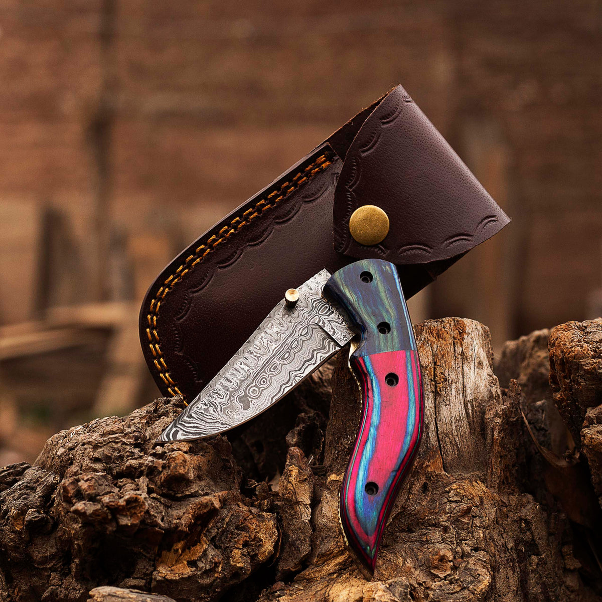 Damascus steel Folding Pocket Knife with Exotic wood Handle by Teton Twist Knives – view 1