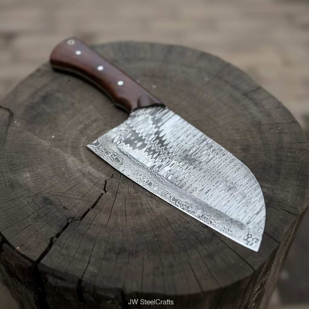 10-Inch Damascus Camp Cleaver — 5.5 Inch Blade, Tali Wood Handle, Silver Pins & Black Spacer by JW SteelCrafts, Southern handmade gift main product photo