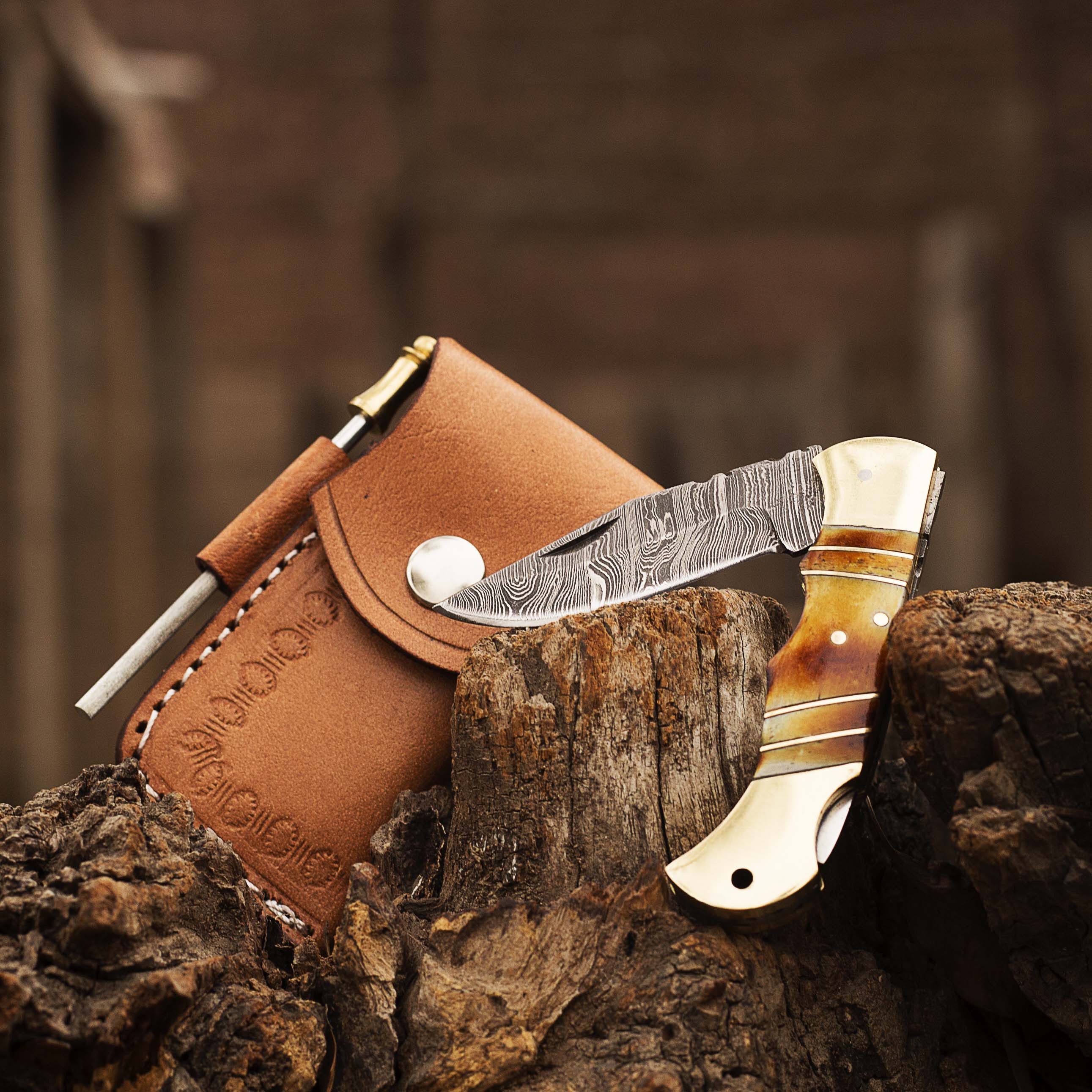 Damascus steel Folding Pocket Knife with Camel bone Handle by Teton Twist Knives – view 1