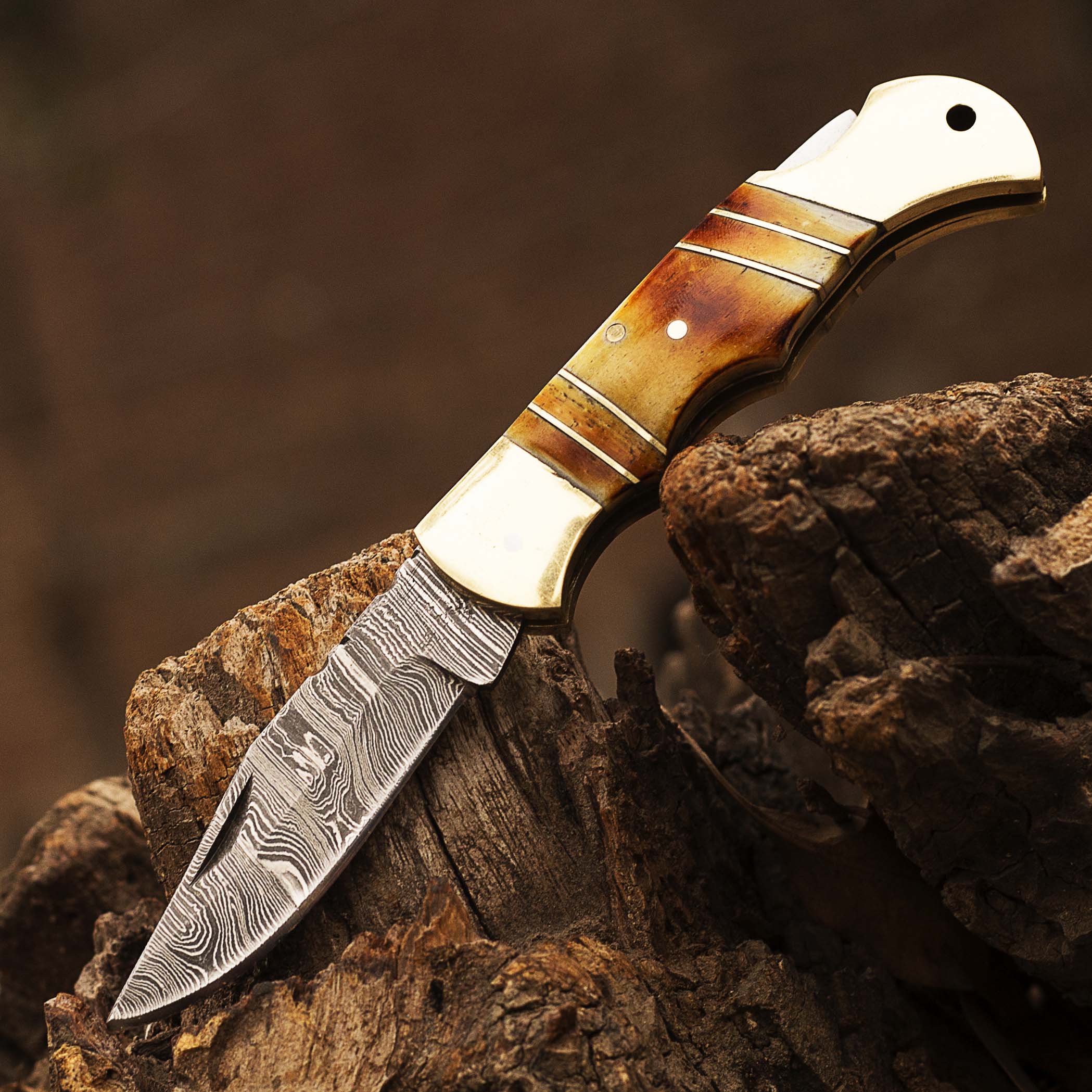 Damascus steel Folding Pocket Knife with Camel bone Handle by Teton Twist Knives – view 2