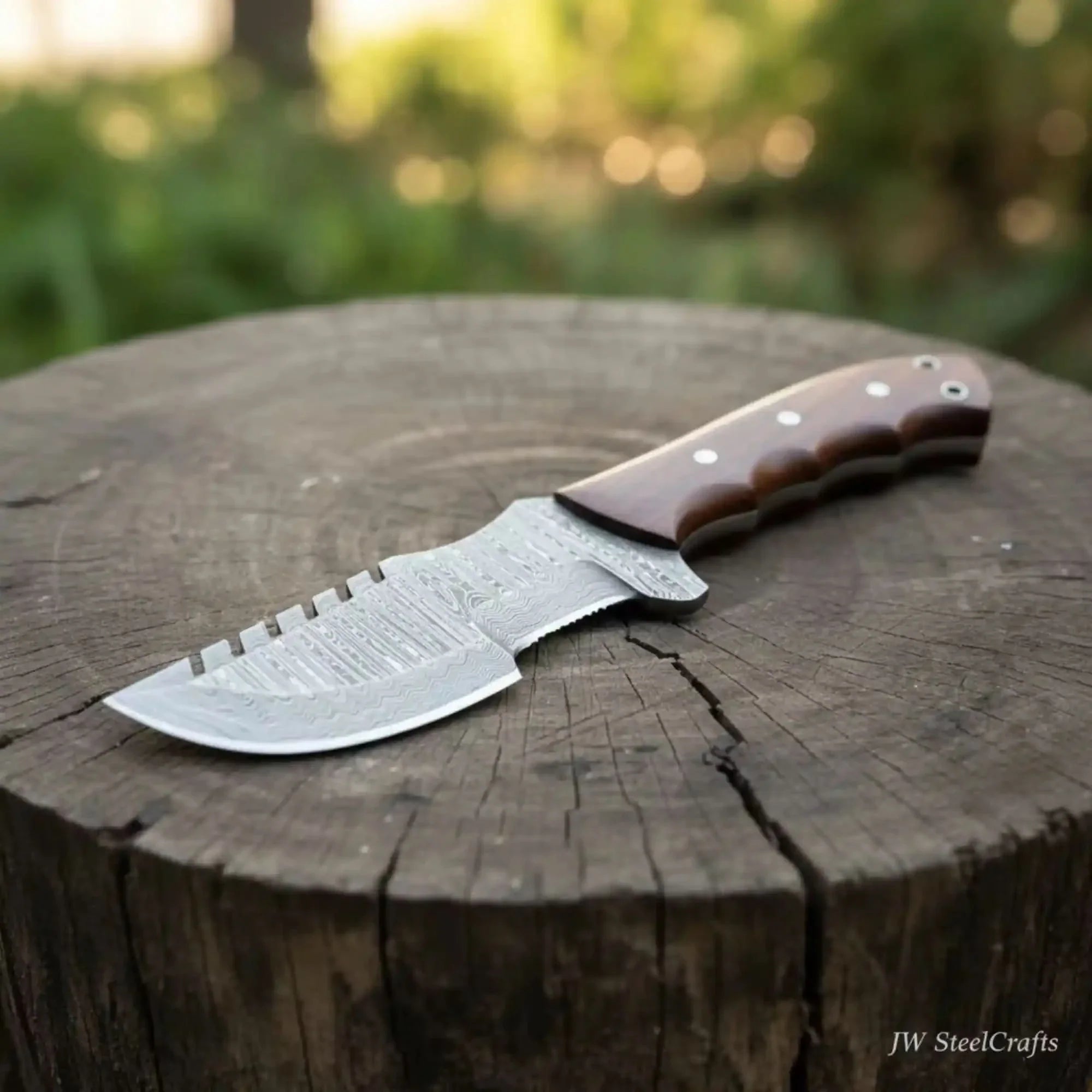 Damascus Tracker Knife Multi Edge Fixed Blade Sawback Outdoor Tool by JW SteelCrafts, Damascus knife main product photo